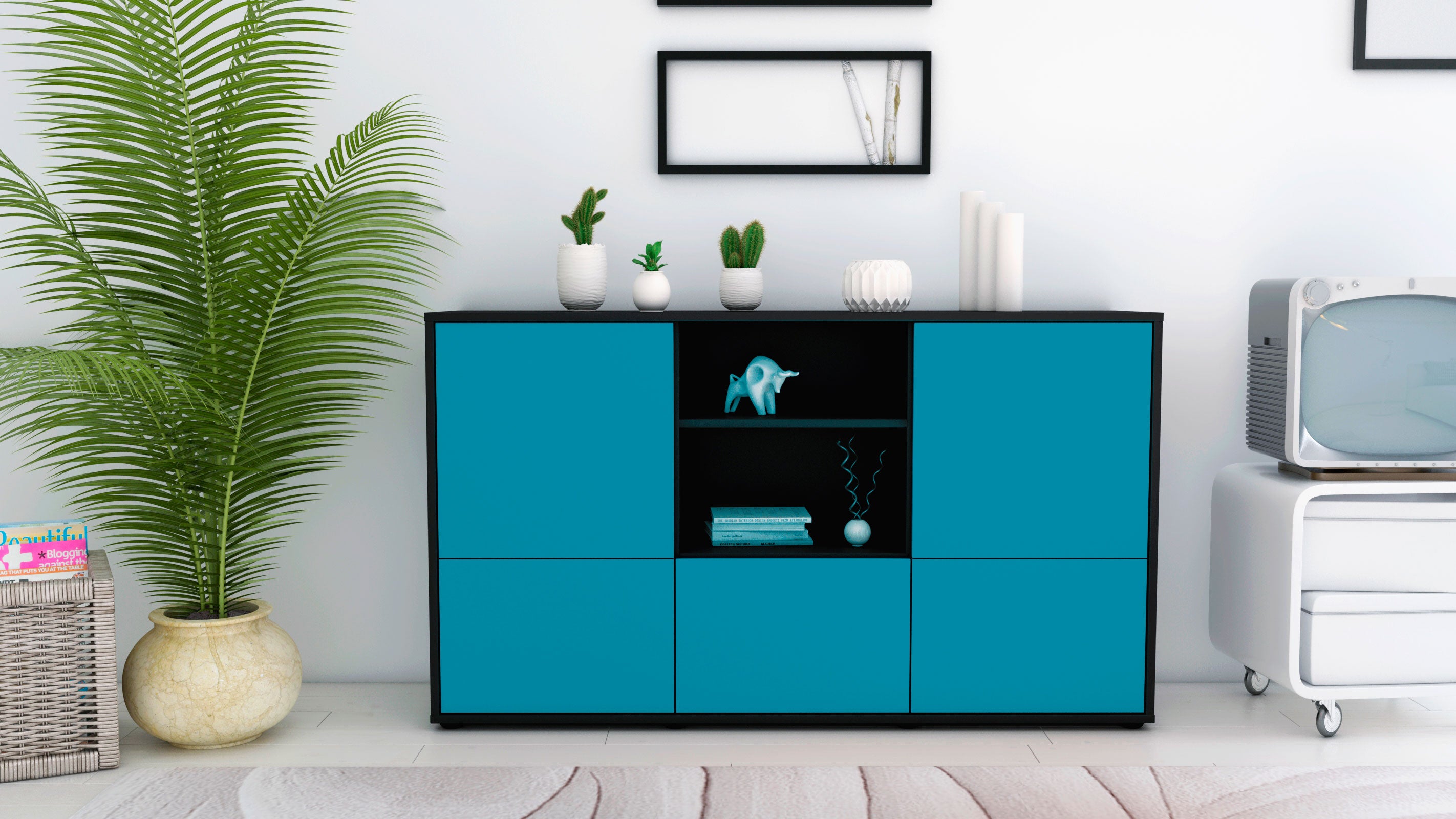 Sideboard - Diellza - Design Farbakzent - Freistehend mit Push to Open 136 cm Anthrazit