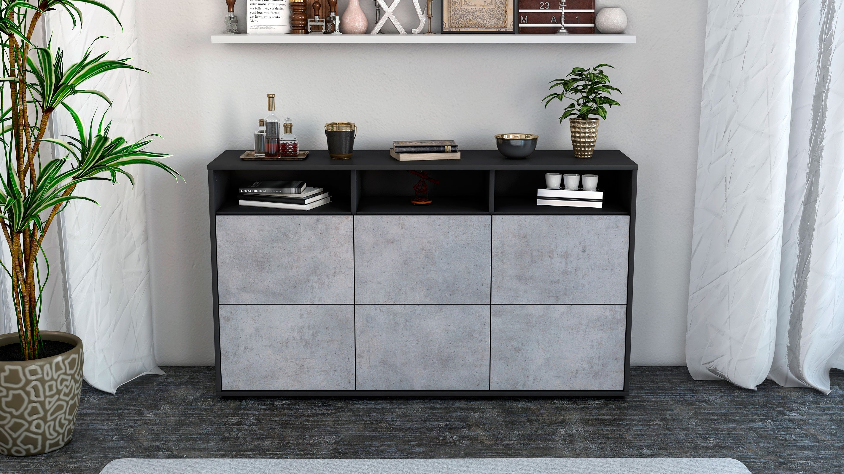 Sideboard - Dilara - Design Industrie Stil - Freistehend mit Push to Open 136 cm Anthrazit