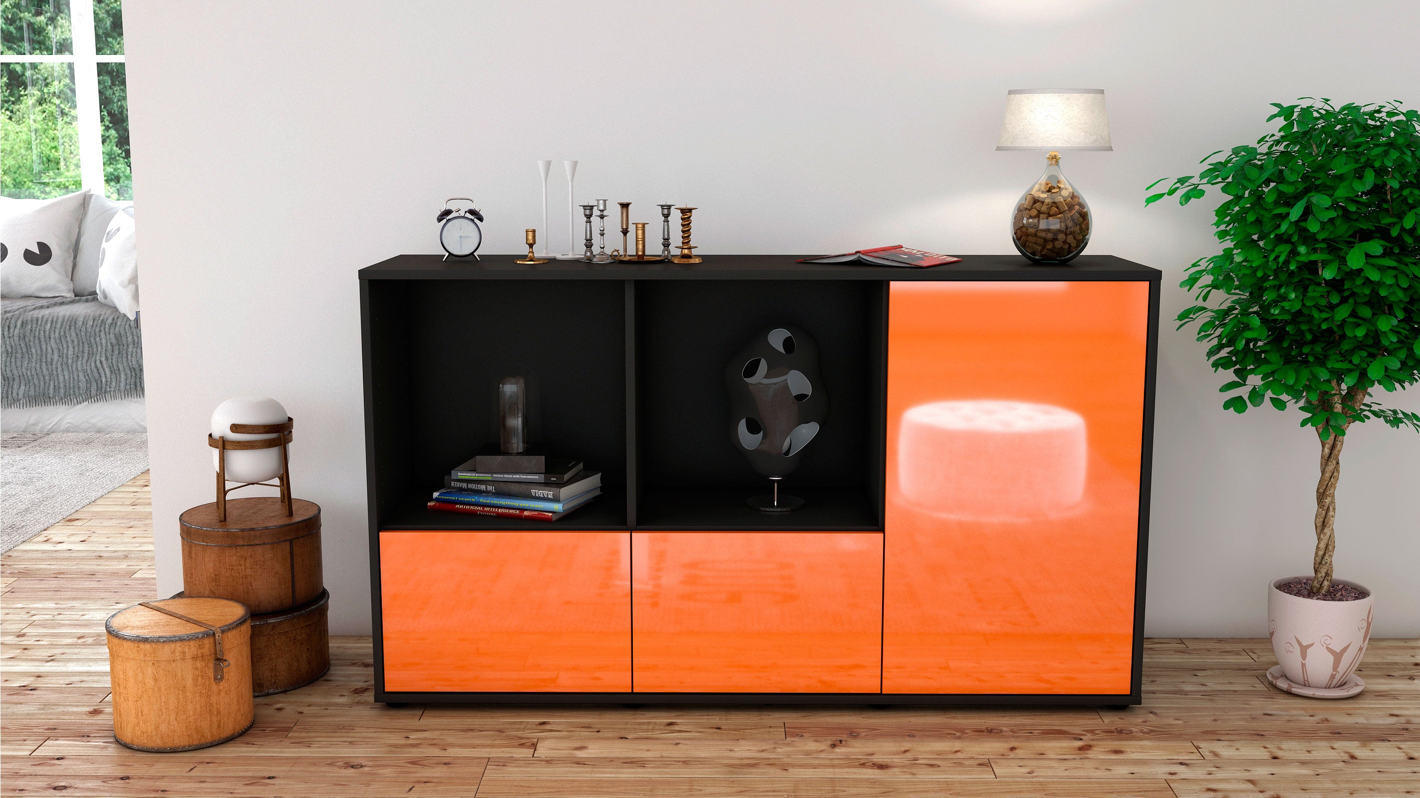Sideboard - Dolcia - Design Hochglanz - Freistehend mit Push to Open 136 cm Anthrazit