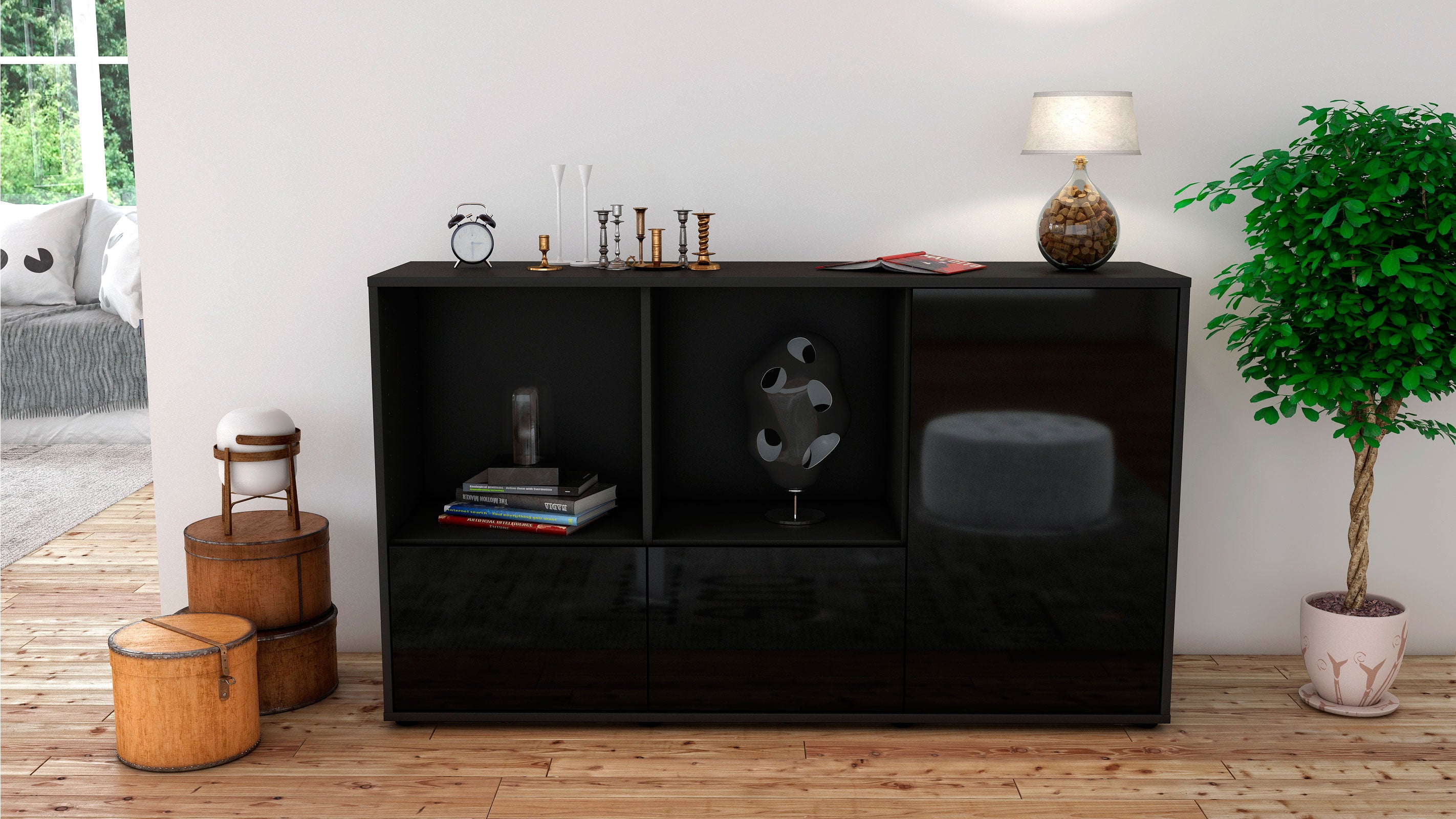 Sideboard - Dolcia - Design Hochglanz - Freistehend mit Push to Open 136 cm Anthrazit