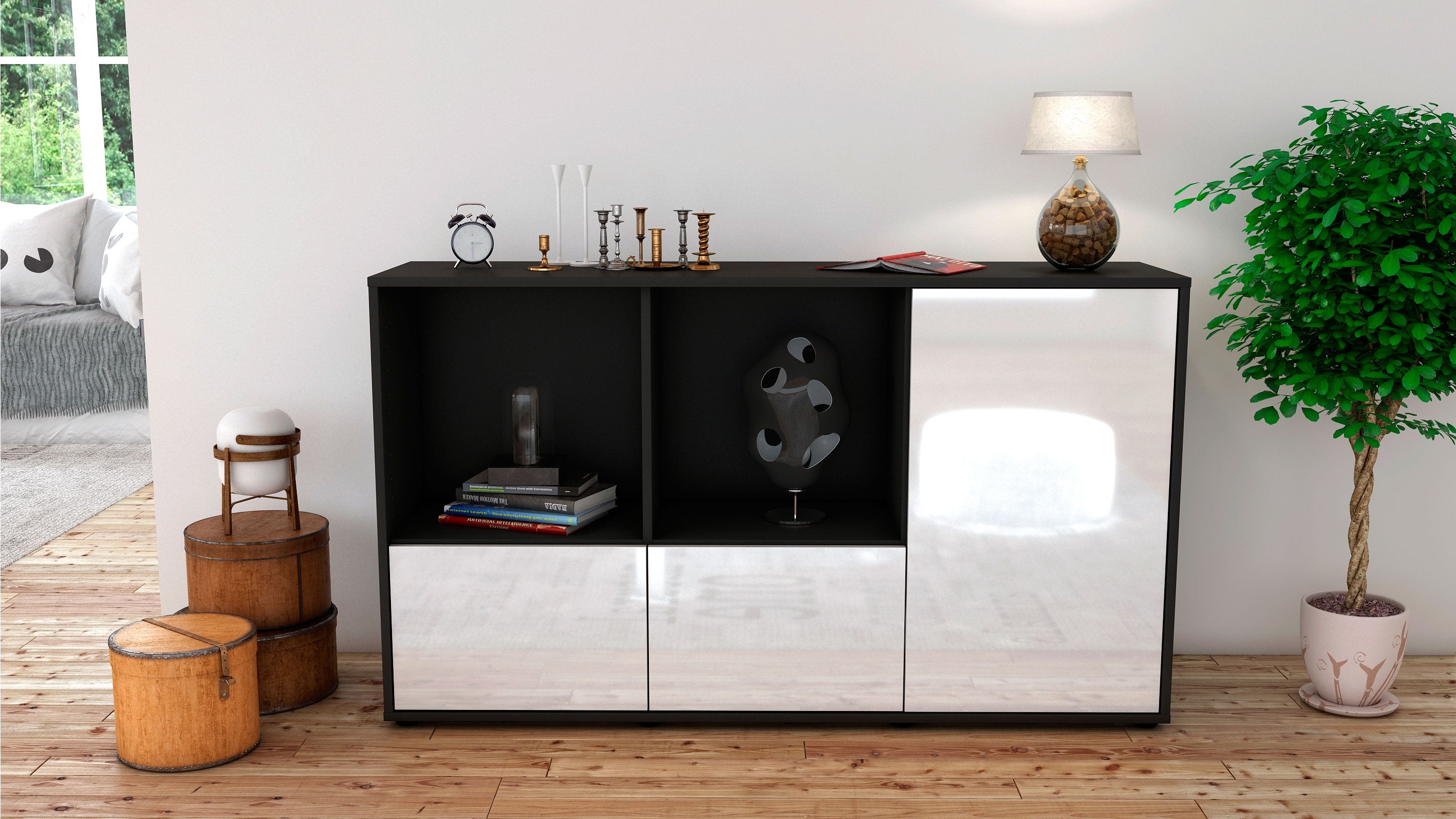 Sideboard - Dolcia - Design Hochglanz - Freistehend mit Push to Open 136 cm Anthrazit