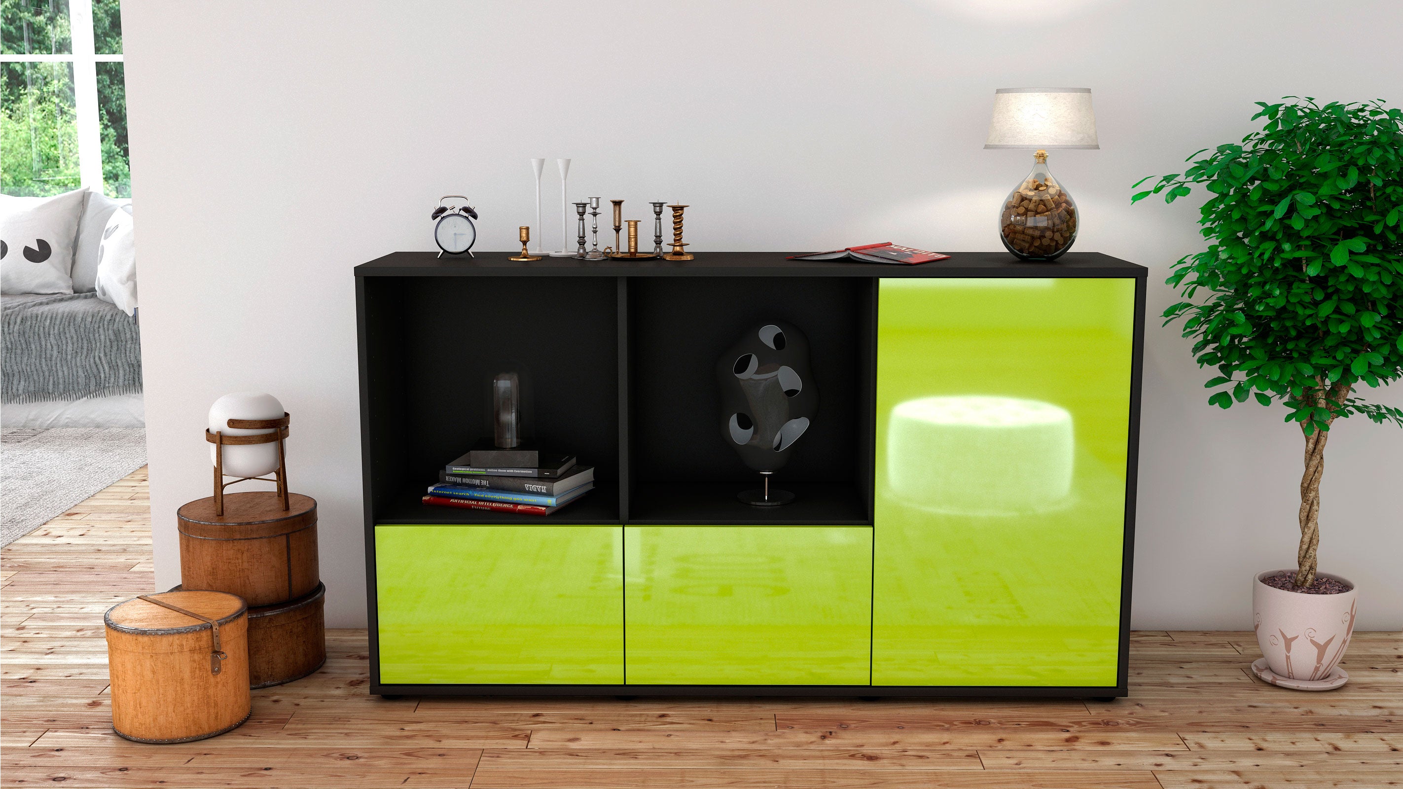 Sideboard - Dolcia - Design Hochglanz - Freistehend mit Push to Open 136 cm Anthrazit