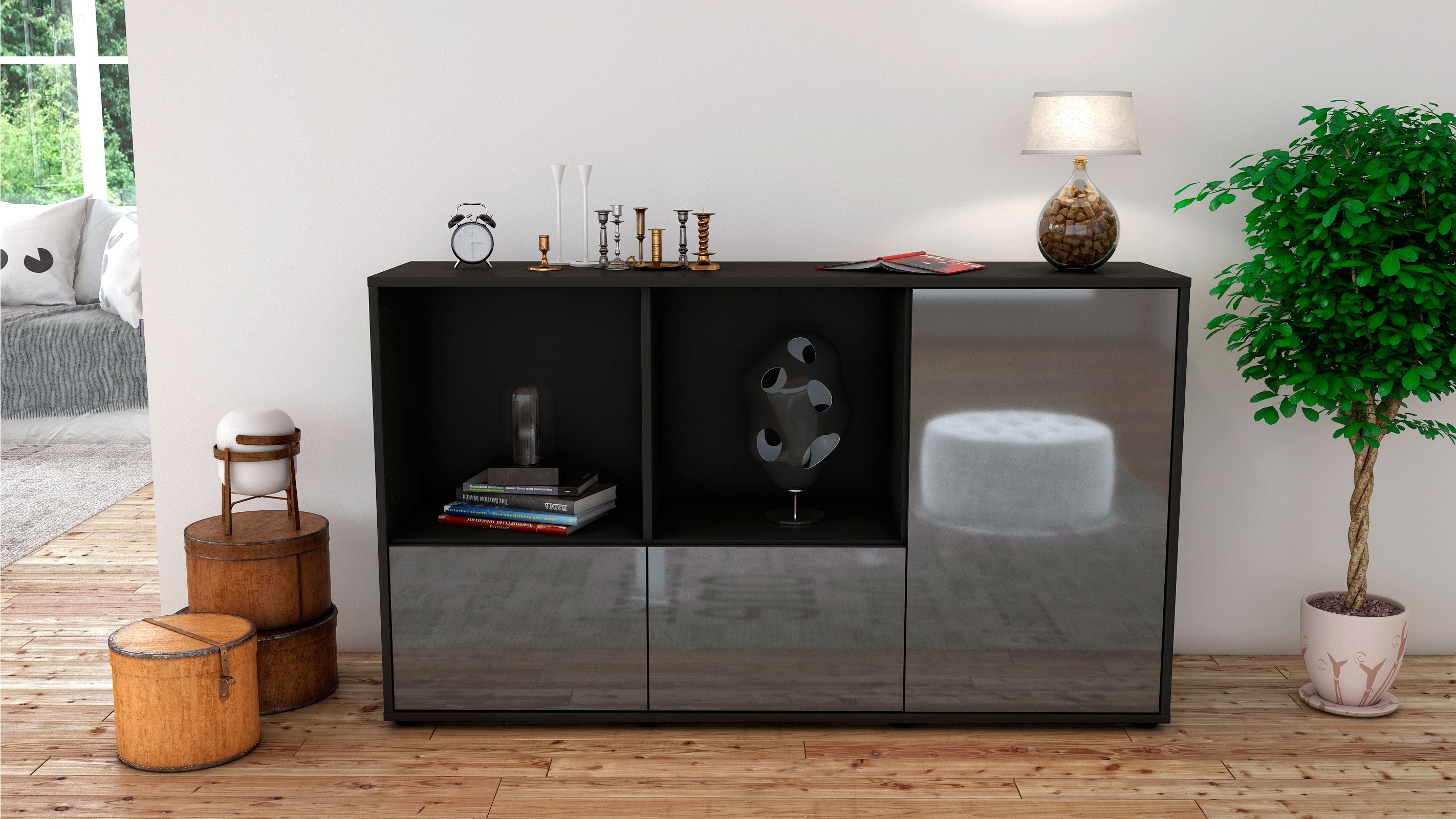 Sideboard - Dolcia - Design Hochglanz - Freistehend mit Push to Open 136 cm Anthrazit