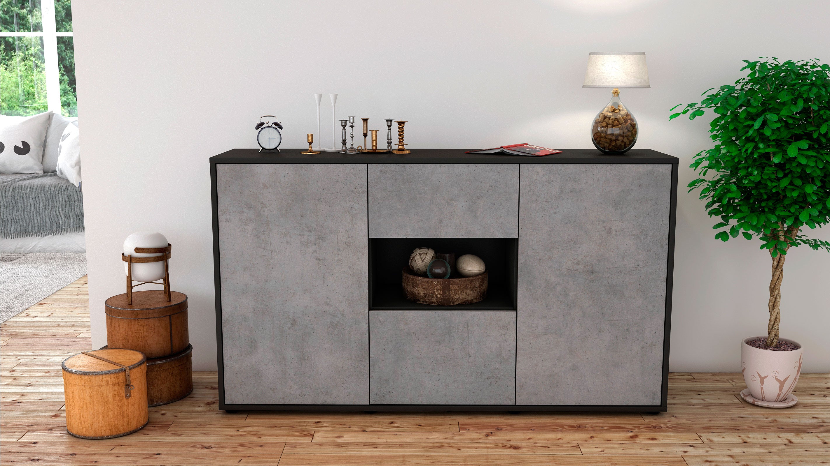 Sideboard - Doriana - Design Industrie Stil - Freistehend mit Push to Open 136 cm Anthrazit