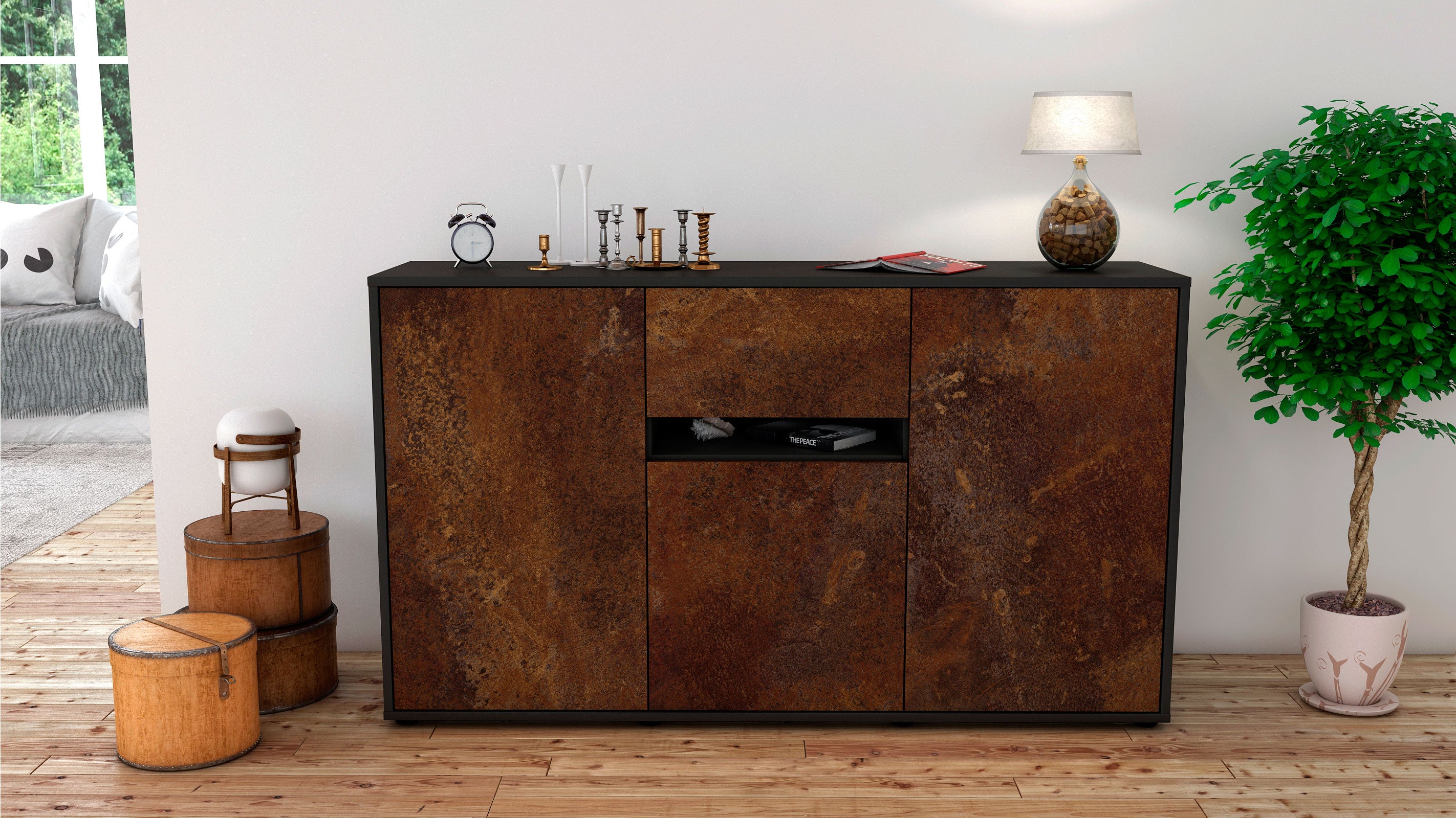 Sideboard - Dorina - Design Industrie Stil - Freistehend mit Push to Open 136 cm Anthrazit