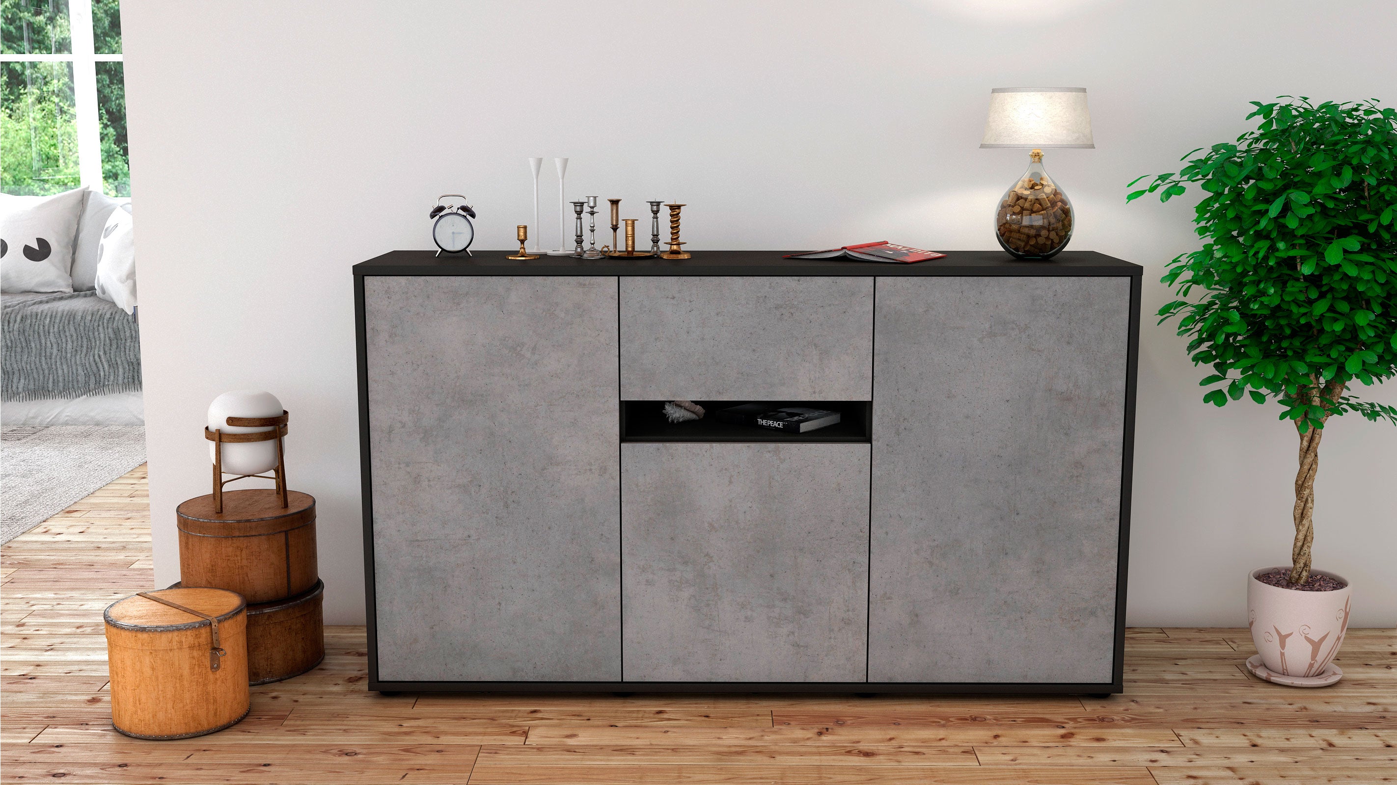 Sideboard - Dorina - Design Industrie Stil - Freistehend mit Push to Open 136 cm Anthrazit
