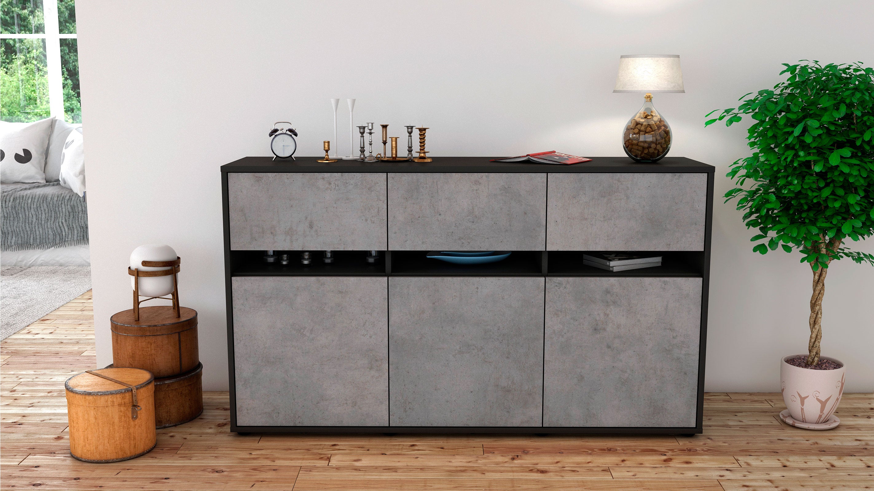 Sideboard - Dorinde - Design Industrie Stil - Freistehend mit Push to Open 136 cm Anthrazit