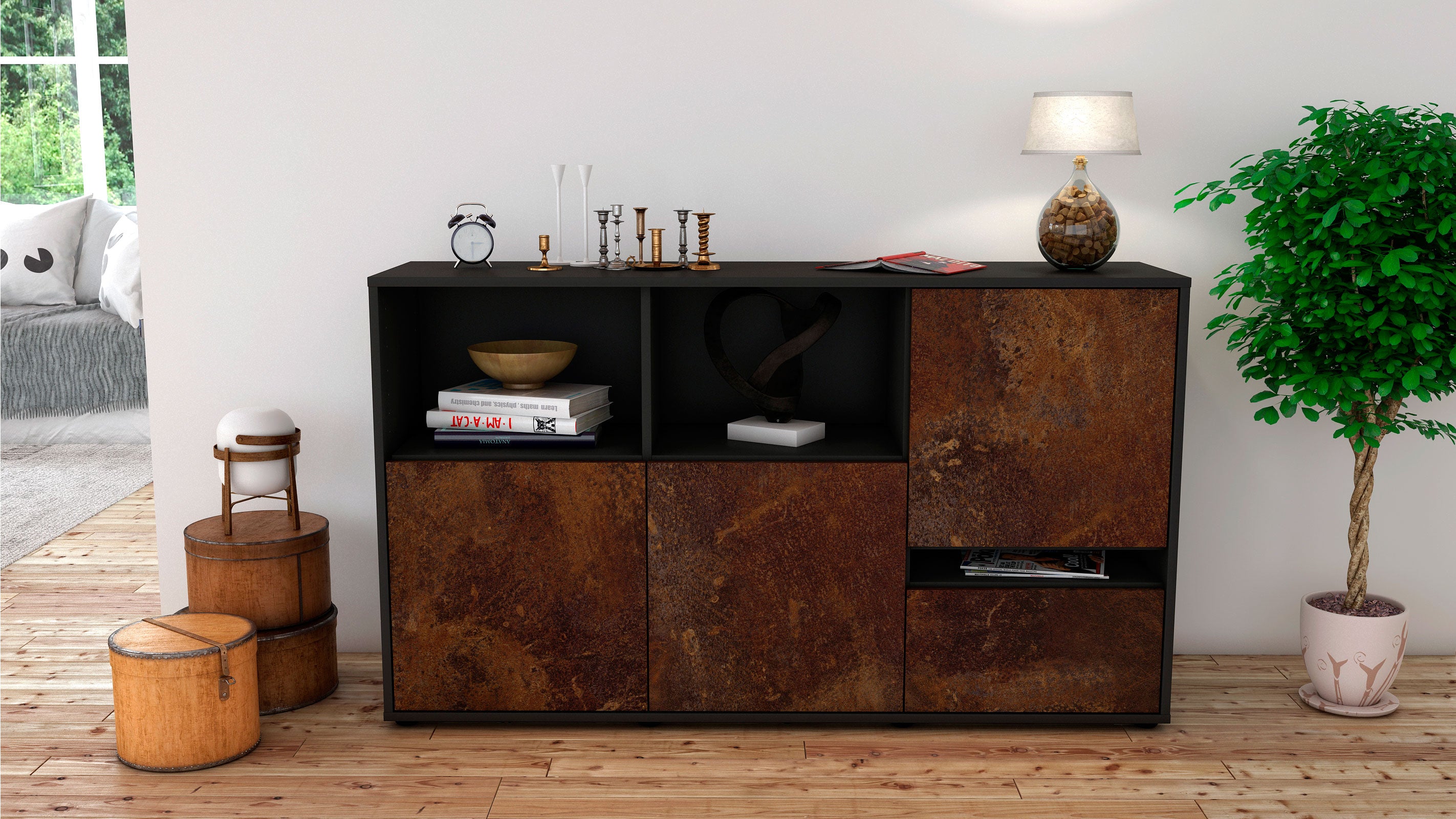 Sideboard - EDA - Design Industrie Stil - Freistehend mit Push to Open 136 cm Anthrazit