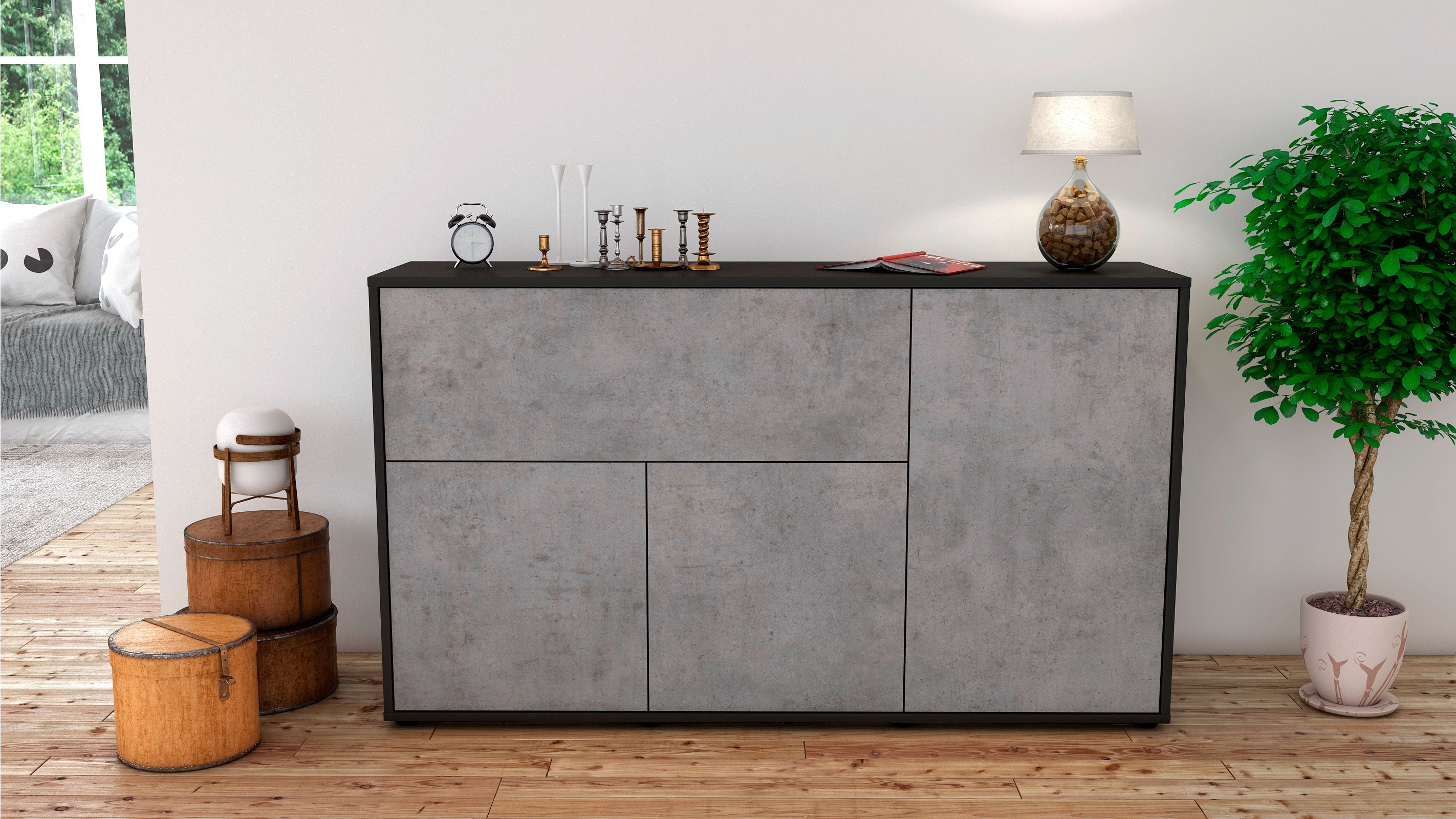 Sideboard - Edera - Design Industrie Stil - Freistehend mit Push to Open 136 cm Anthrazit