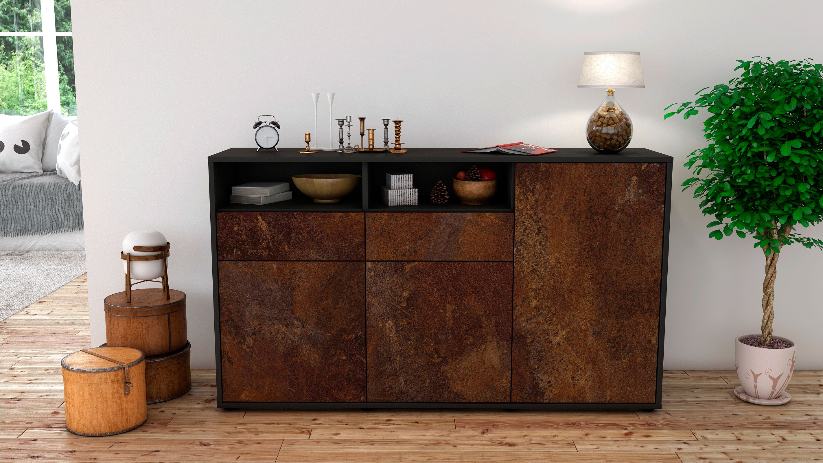 Sideboard - Editta - Design Industrie Stil - Freistehend mit Push to Open 136 cm Anthrazit