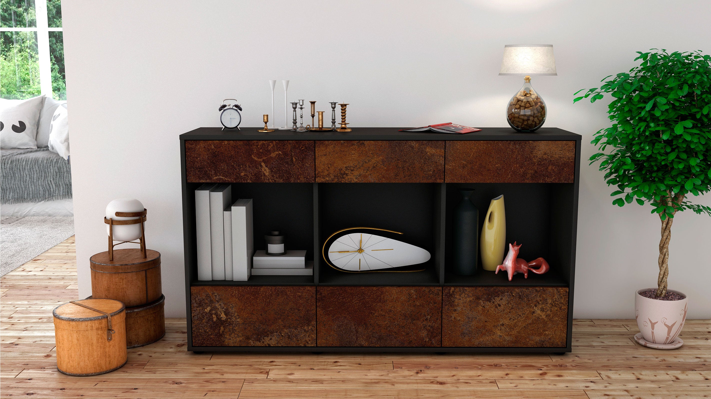 Sideboard - Efisia - Design Industrie Stil - Freistehend mit Push to Open 136 cm Anthrazit