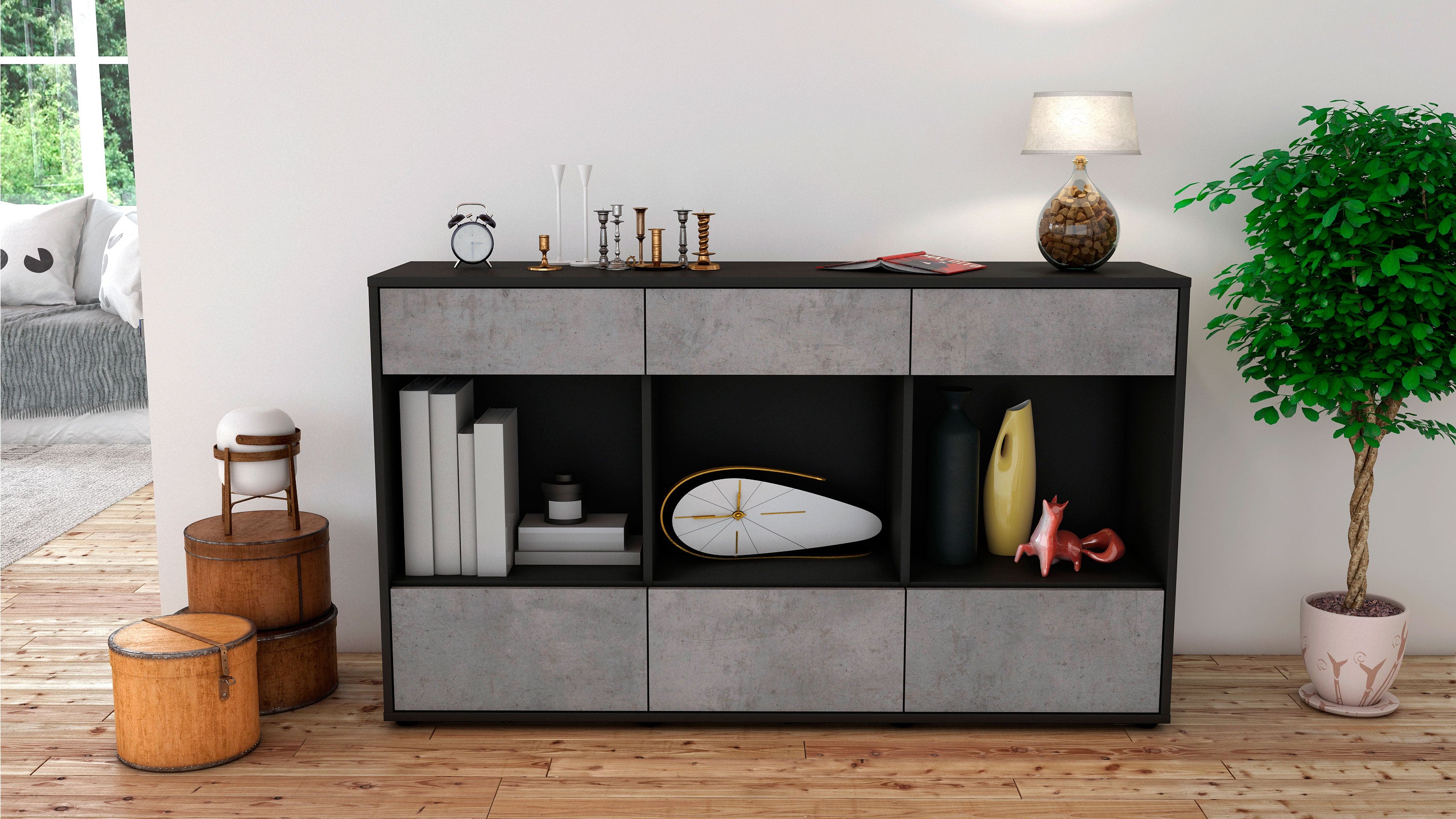 Sideboard - Efisia - Design Industrie Stil - Freistehend mit Push to Open 136 cm Anthrazit