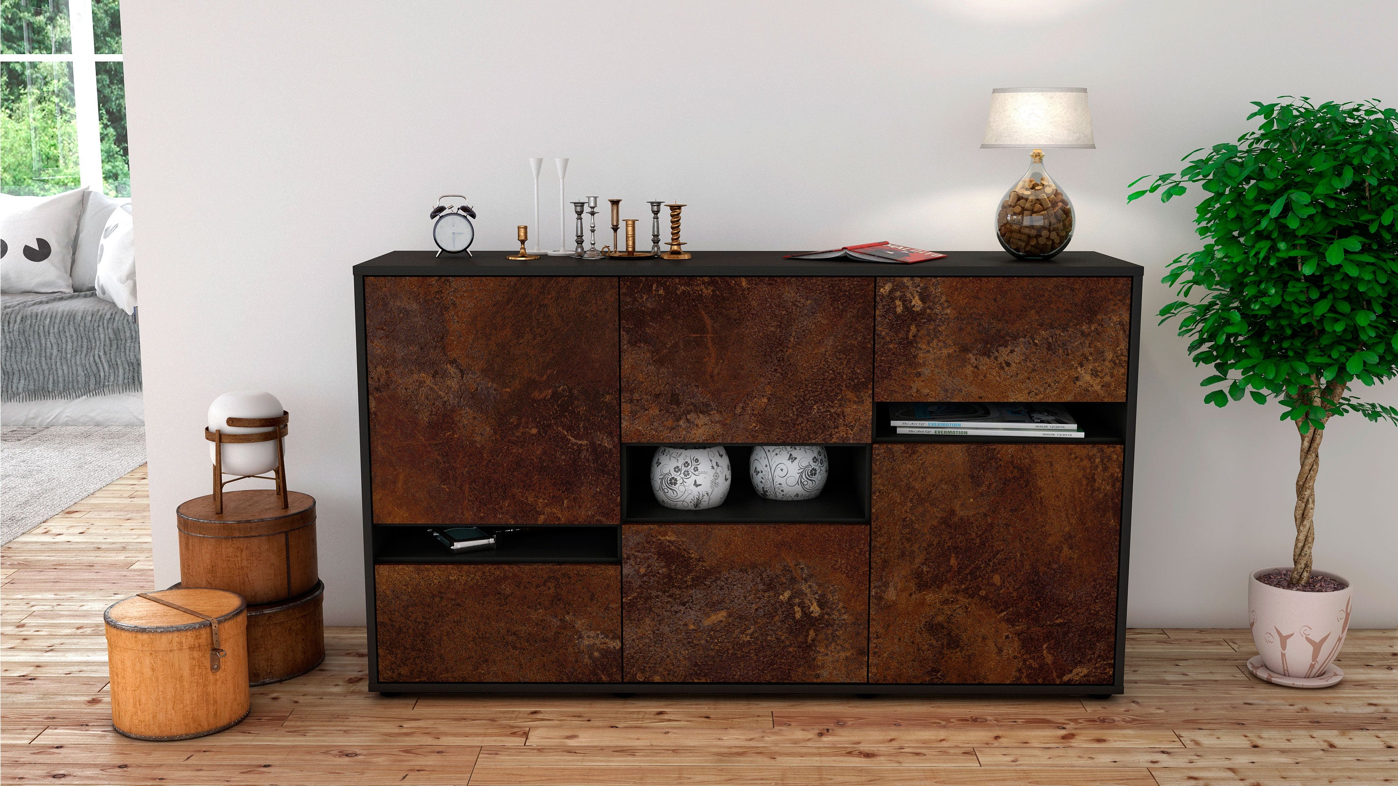 Sideboard - Egizia - Design Industrie Stil - Freistehend mit Push to Open 136 cm Anthrazit