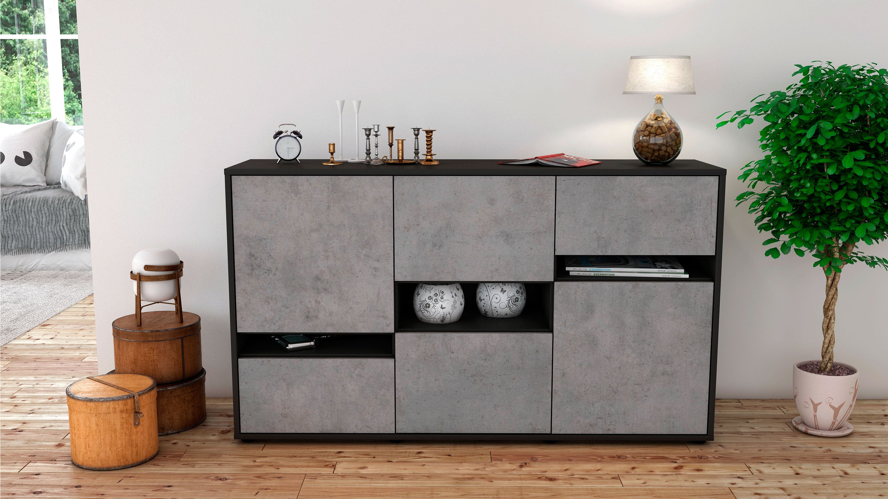 Sideboard - Egizia - Design Industrie Stil - Freistehend mit Push to Open 136 cm Anthrazit