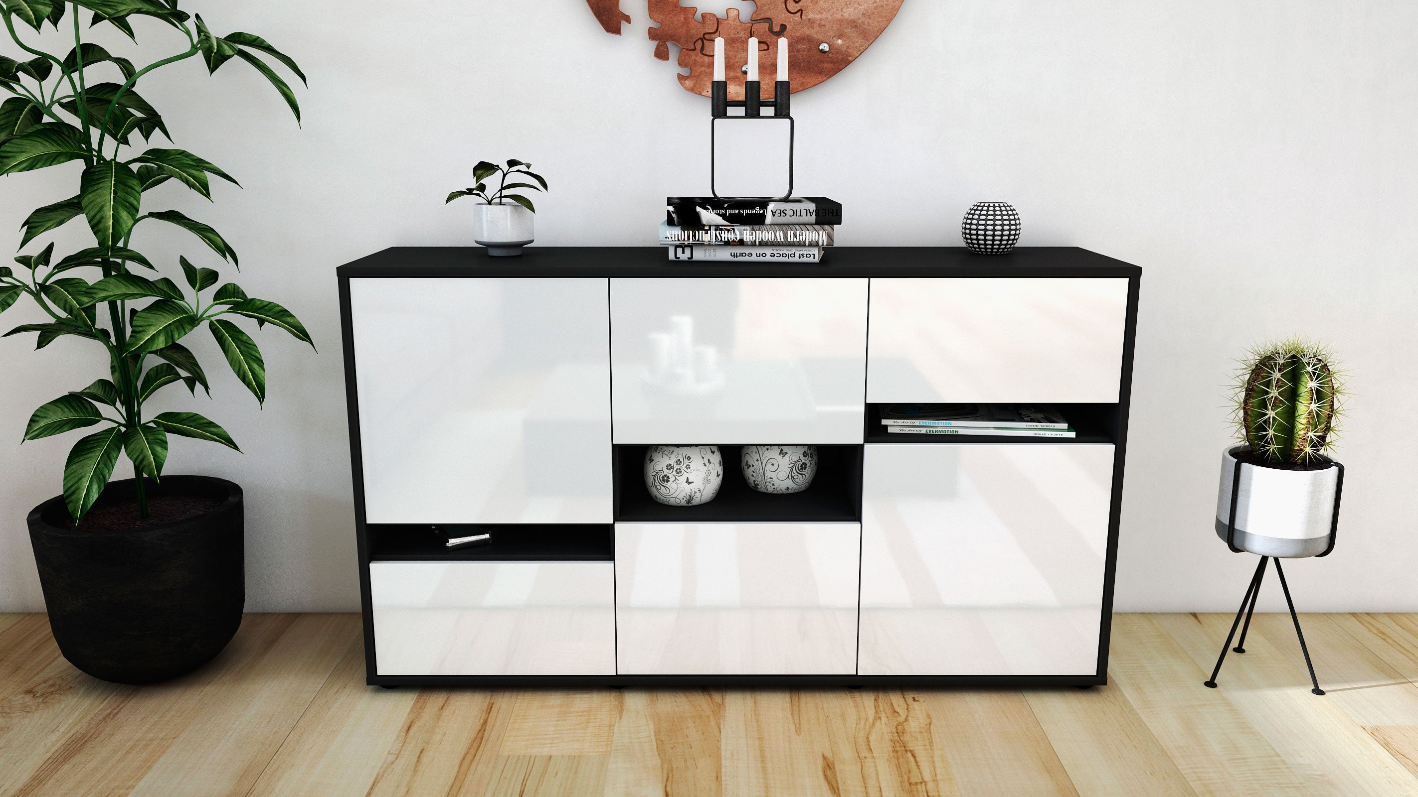 Sideboard - Egizia - Design Hochglanz - Freistehend mit Push to Open 136 cm Anthrazit