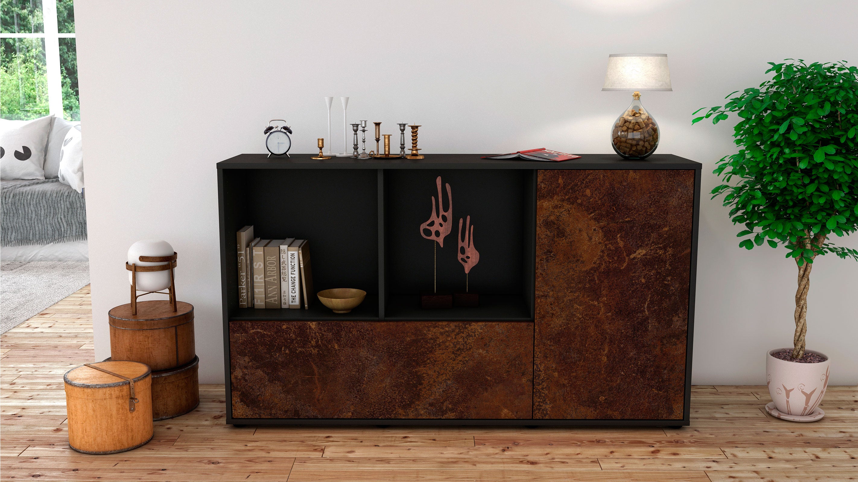 Sideboard - Ela - Design Industrie Stil - Freistehend mit Push to Open 136 cm Anthrazit