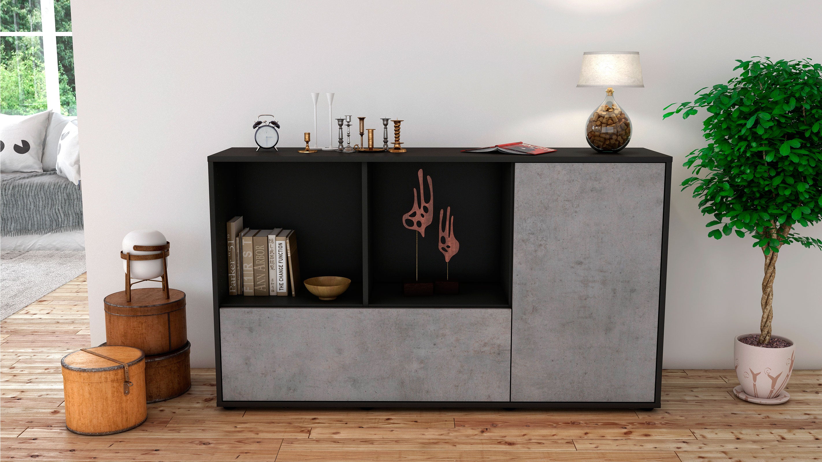 Sideboard - Ela - Design Industrie Stil - Freistehend mit Push to Open 136 cm Anthrazit