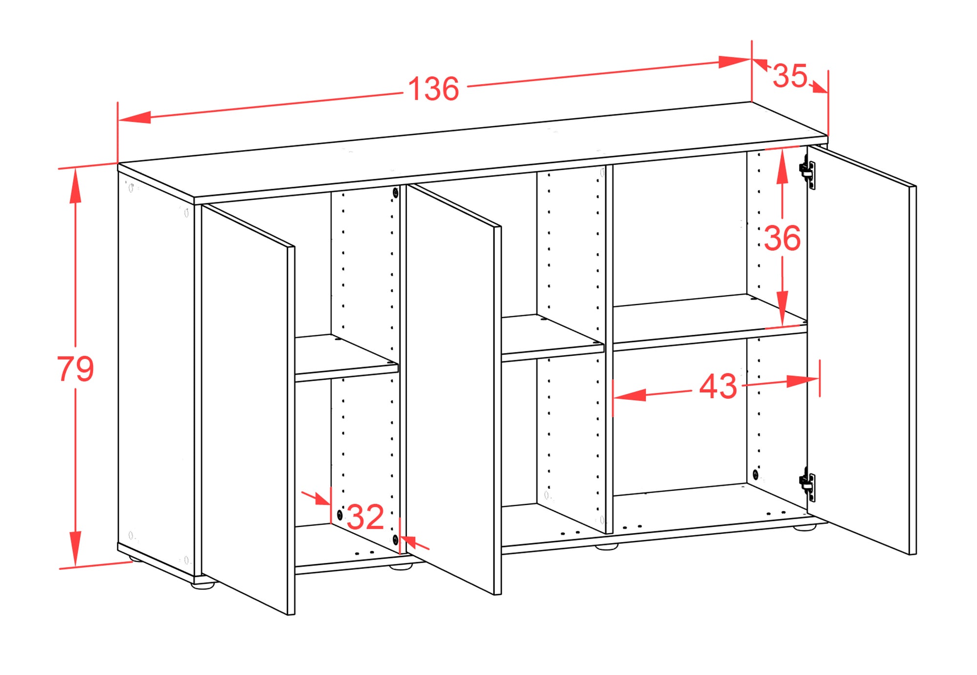 Sideboard - Delia - Design Farbakzent - Freistehend mit Push to Open 136 cm Weiss