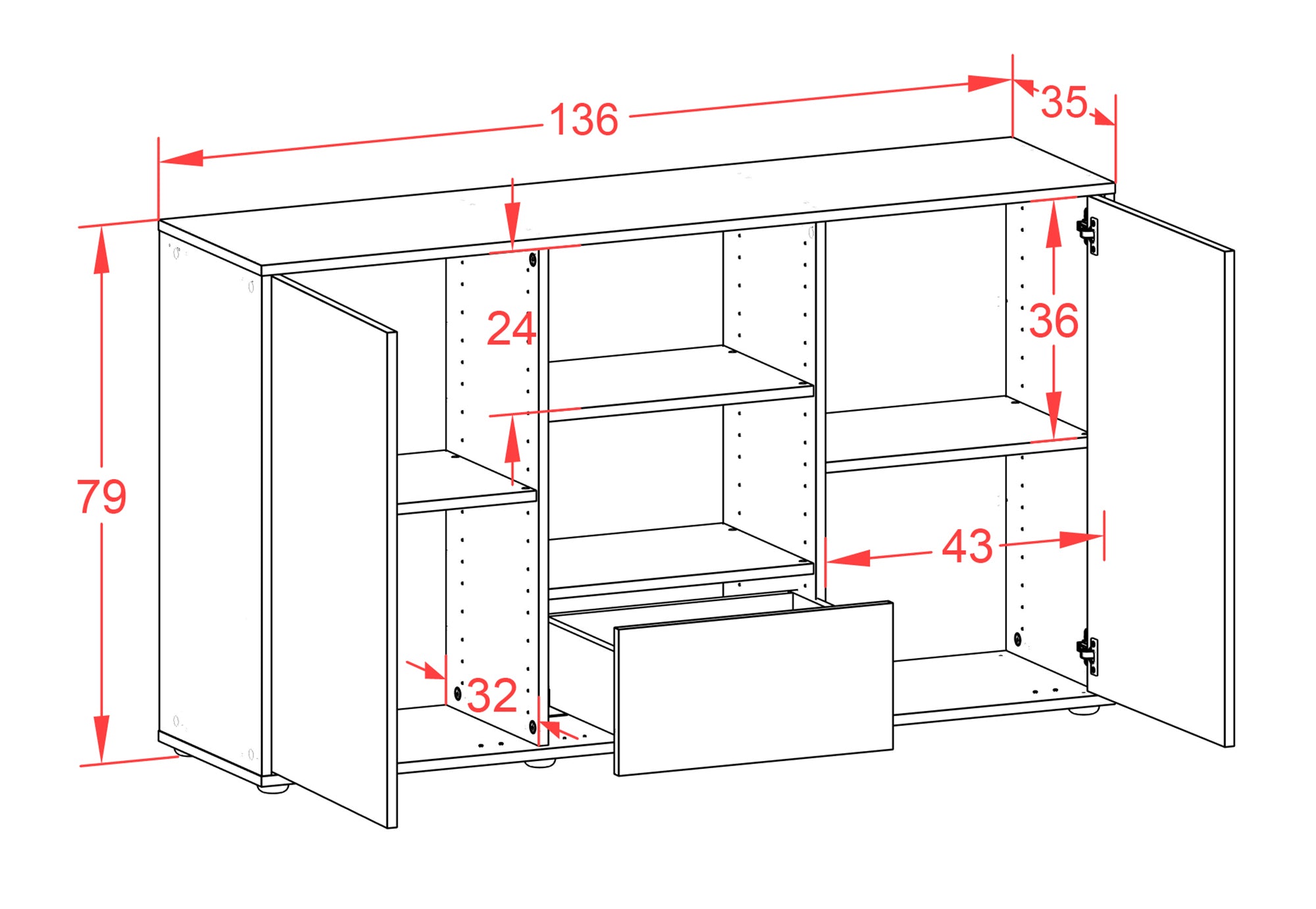 Sideboard - Desideria - Design Farbakzent - Freistehend mit Push to Open 136 cm Anthrazit