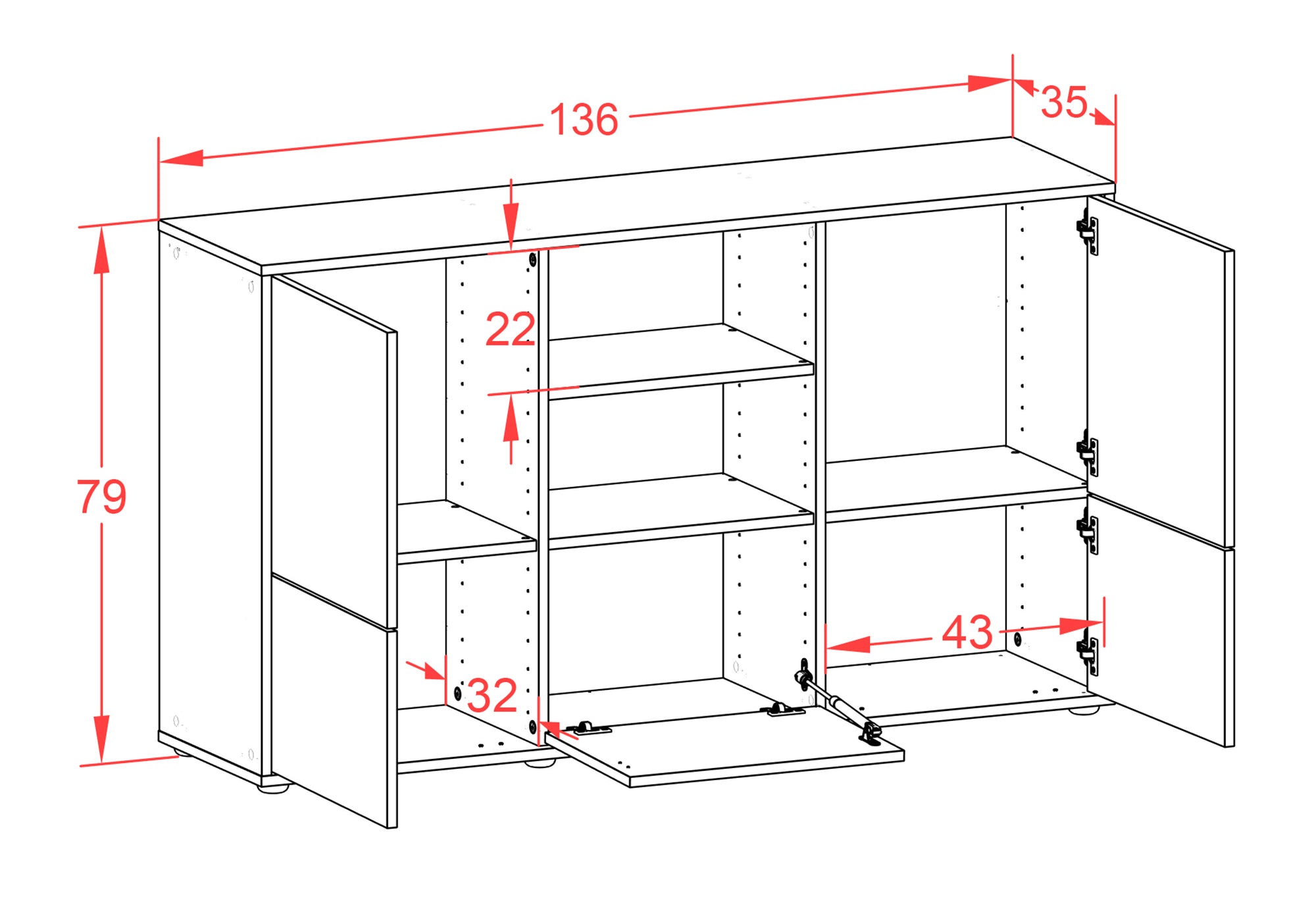 Sideboard - Diellza - Design Farbakzent - Freistehend mit Push to Open 136 cm Anthrazit