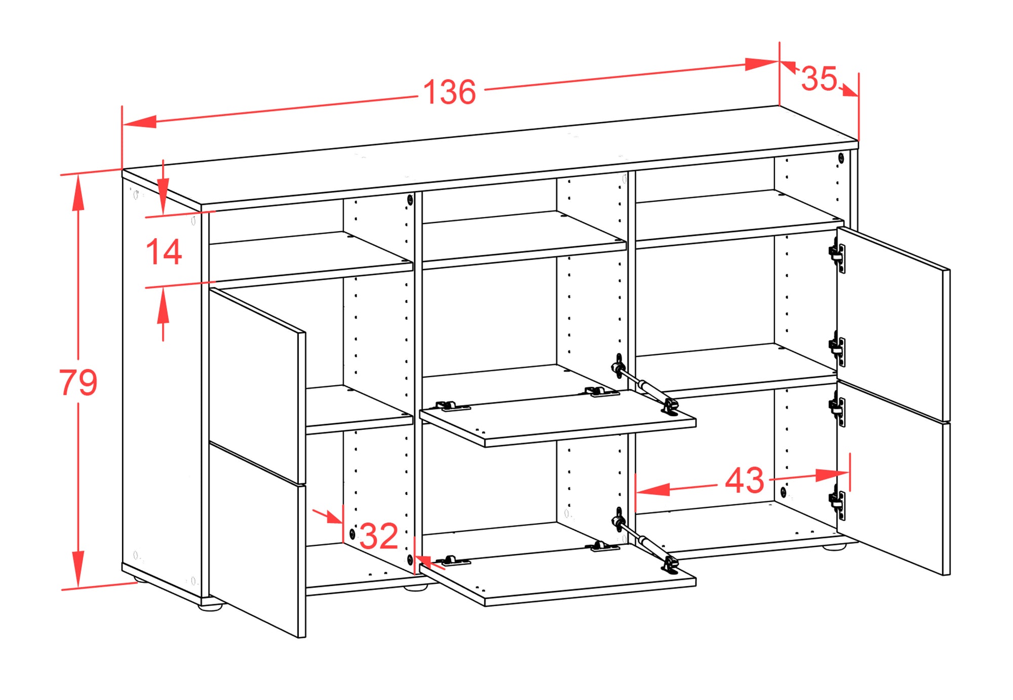 Sideboard - Dilara - Design Hochglanz - Freistehend mit Push to Open 136 cm Anthrazit