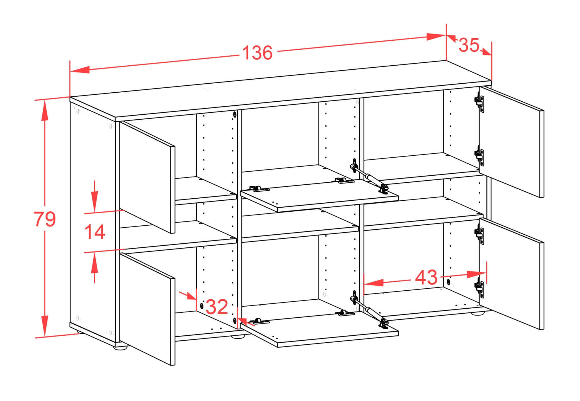 Sideboard - Diletta - Design Industrie Stil - Freistehend mit Push to Open 136 cm Anthrazit