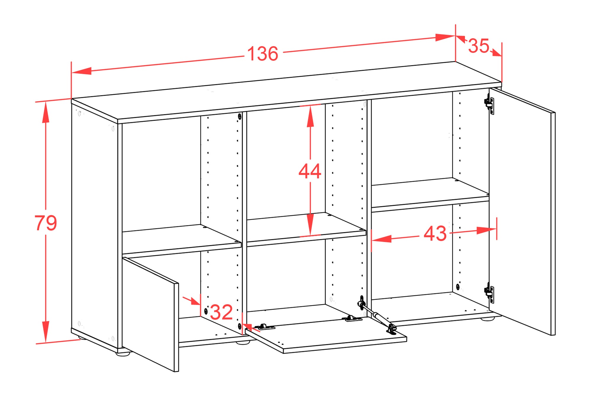 Sideboard - Dolcia - Design Hochglanz - Freistehend mit Push to Open 136 cm Anthrazit