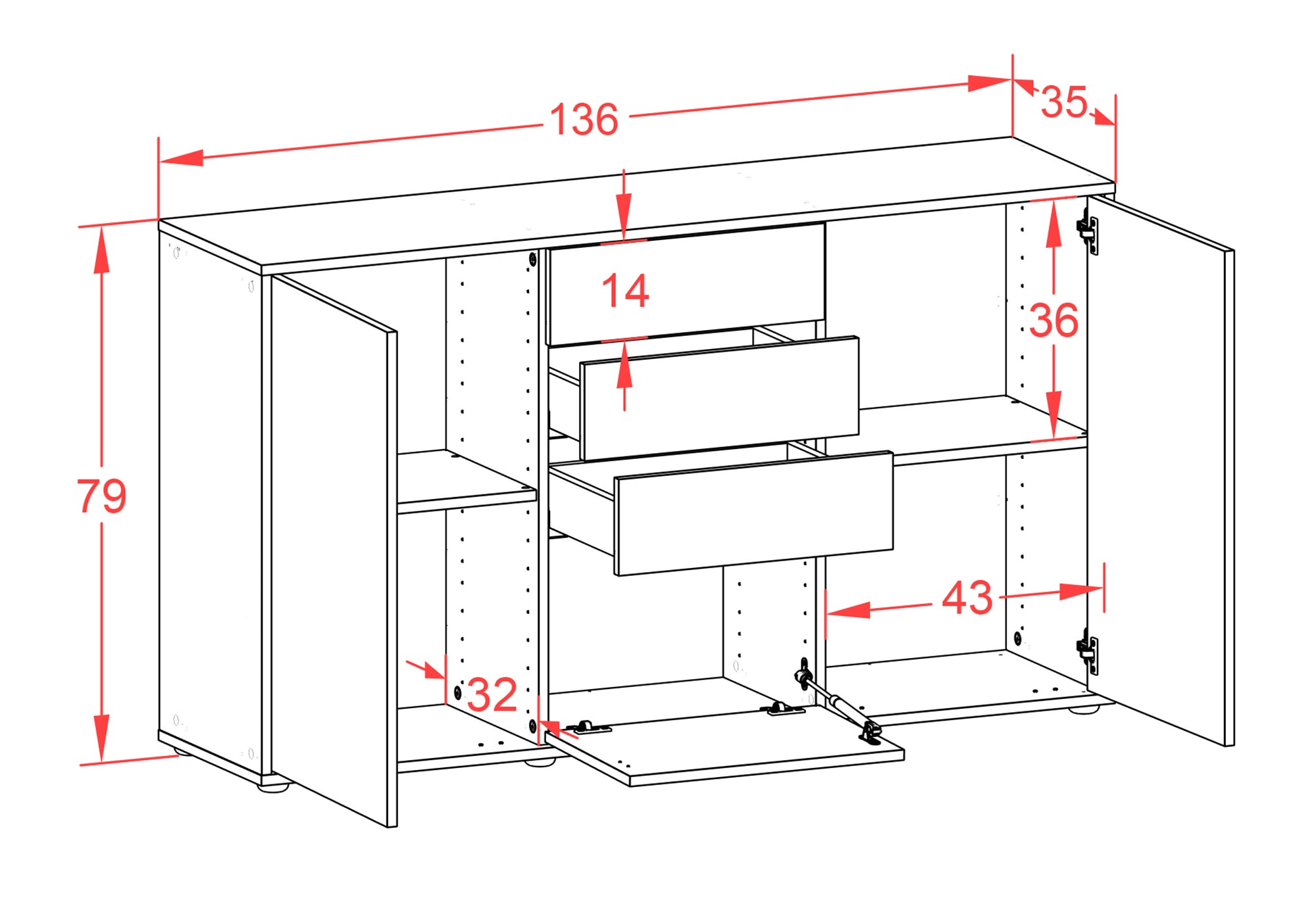 Sideboard - Donatella - Design Hochglanz - Freistehend mit Push to Open 136 cm Weiss