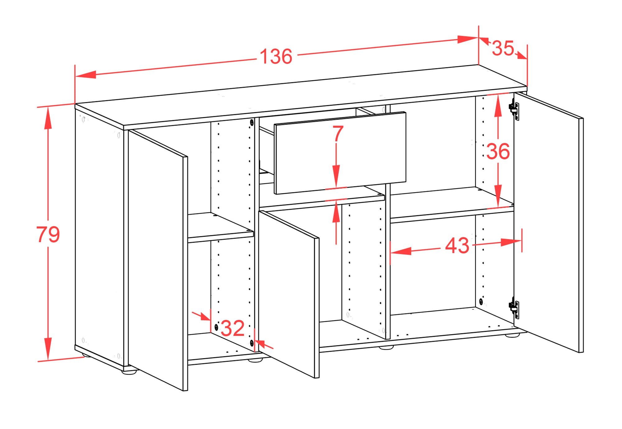 Sideboard - Dorina - Design Industrie Stil - Freistehend mit Push to Open 136 cm Anthrazit
