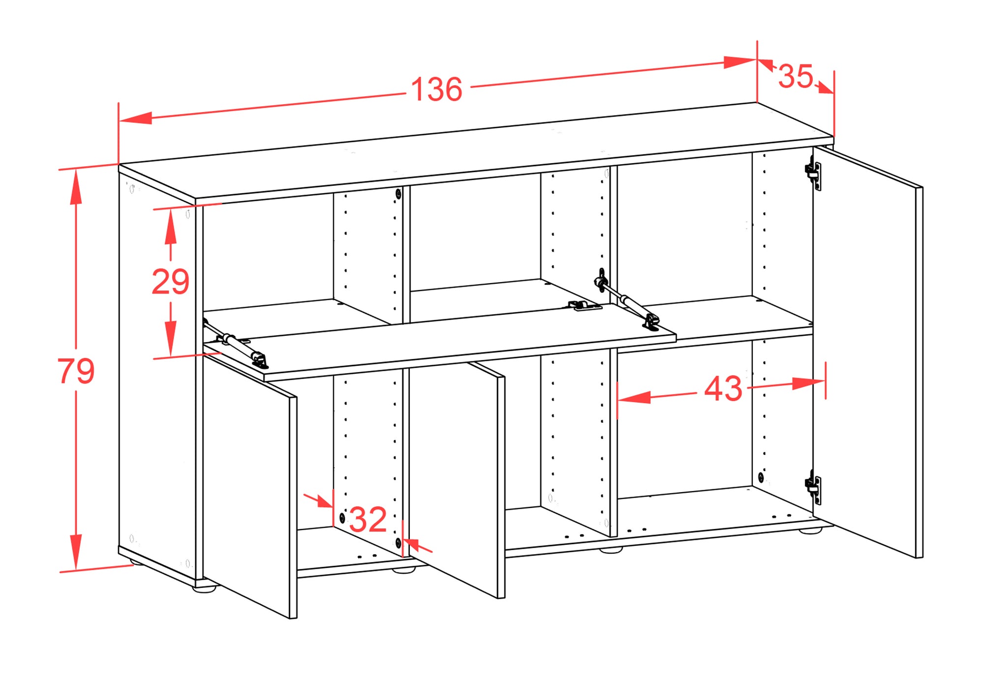 Sideboard - Edera - Design Industrie Stil - Freistehend mit Push to Open 136 cm Anthrazit