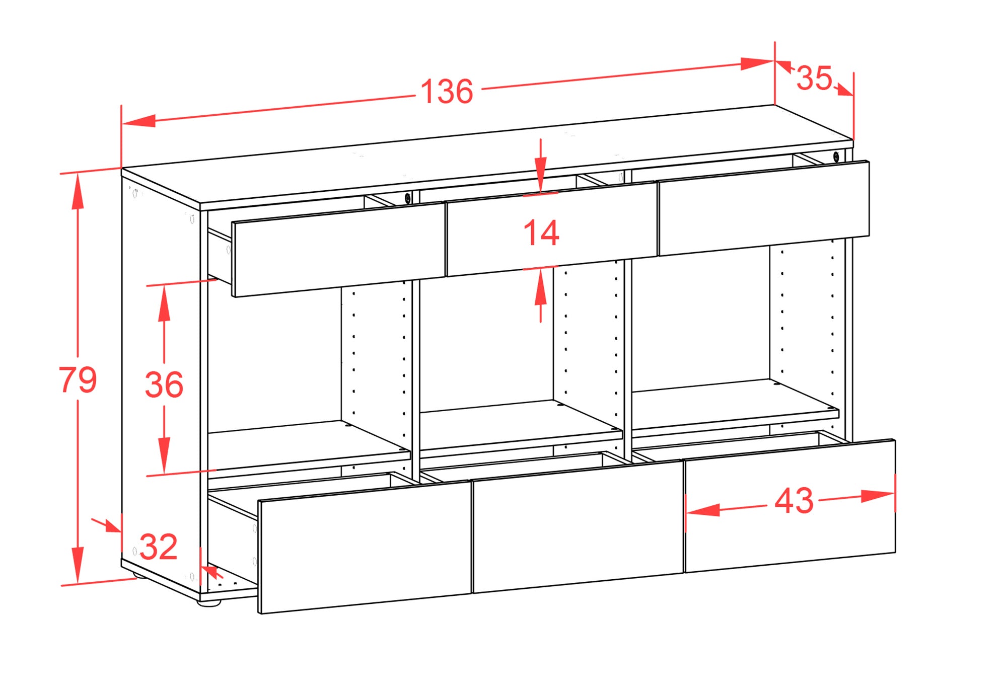 Sideboard - Efisia - Design Industrie Stil - Freistehend mit Push to Open 136 cm Anthrazit