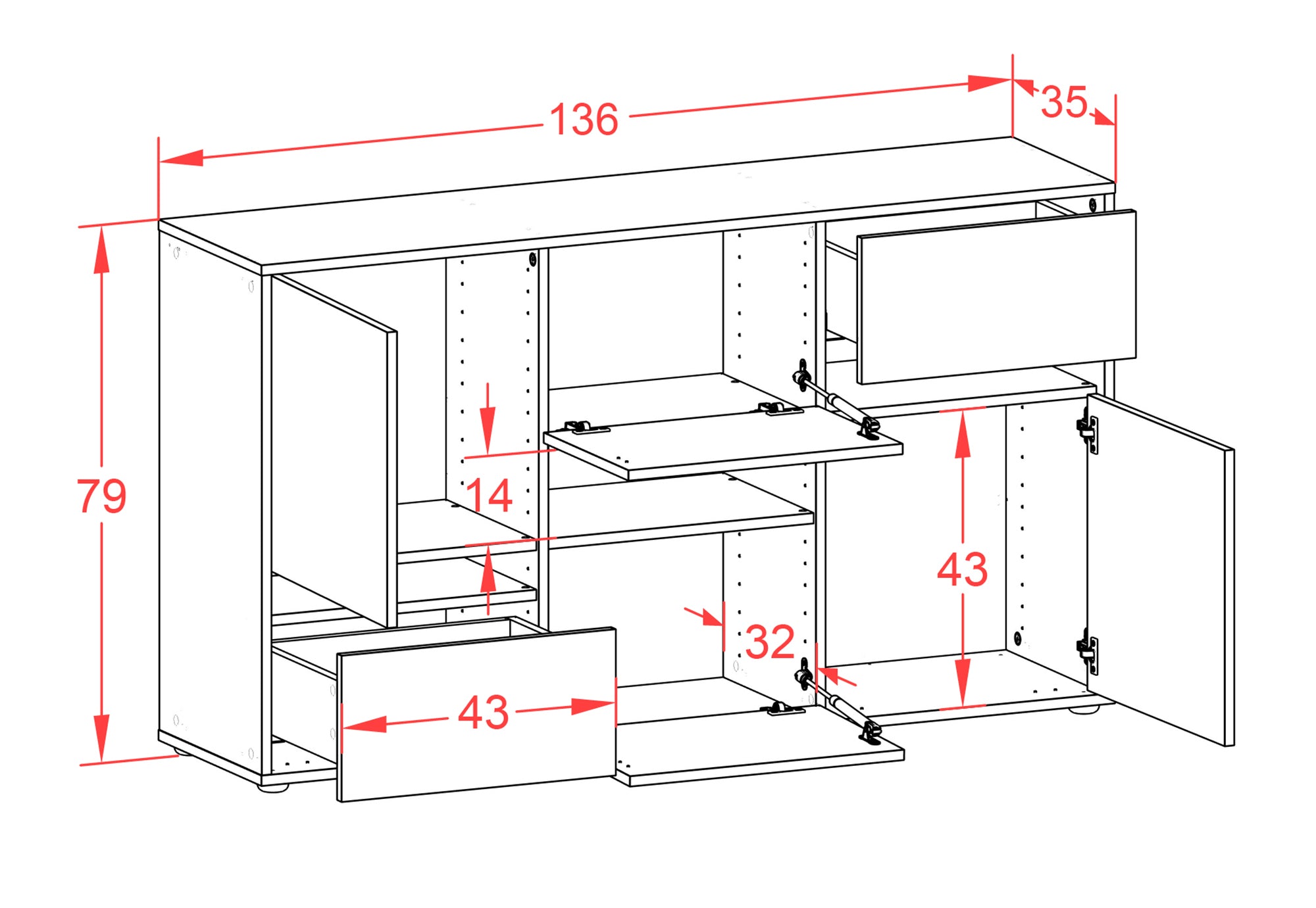 Sideboard - Egizia - Design Hochglanz - Freistehend mit Push to Open 136 cm Weiss