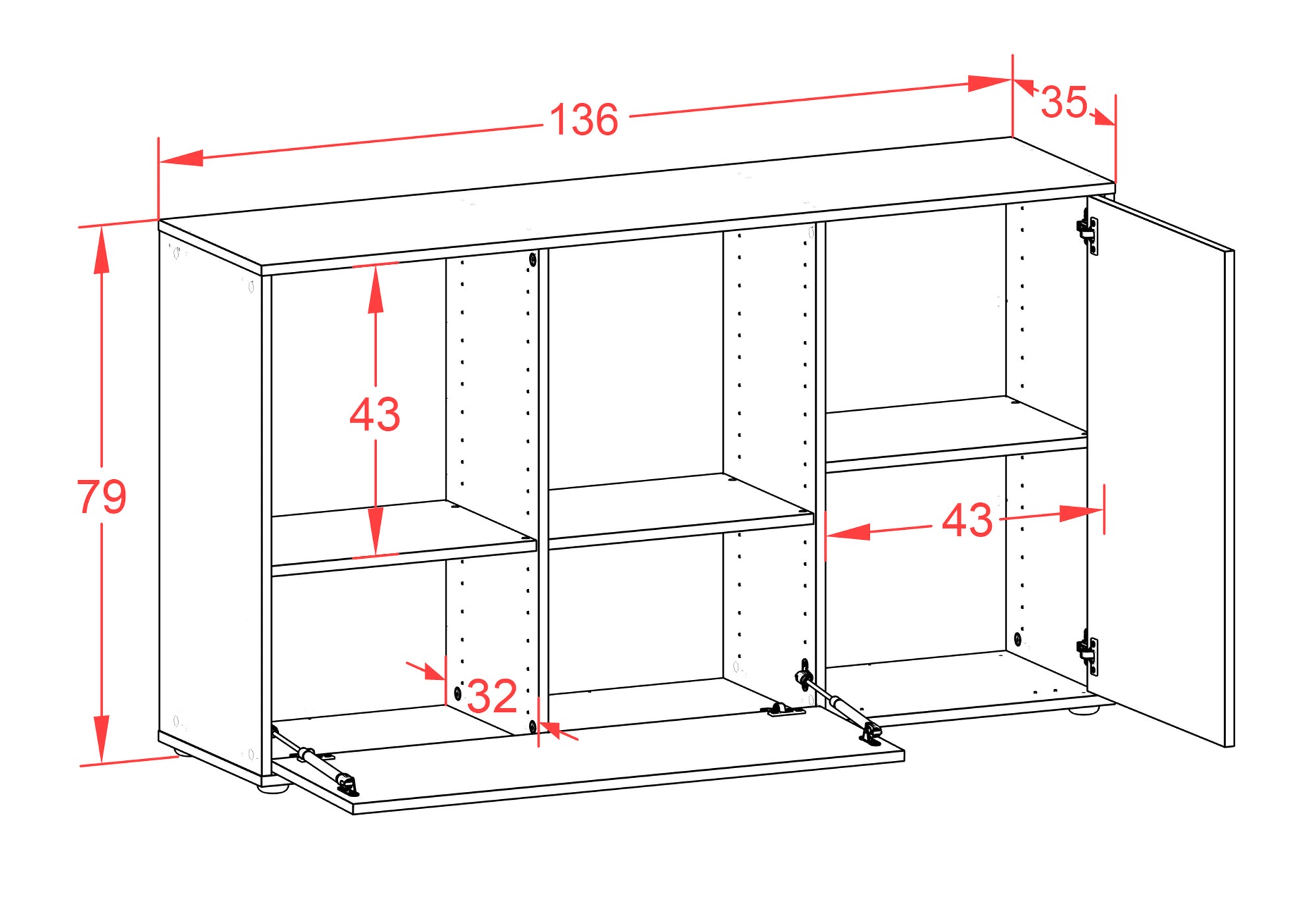 Sideboard - Ela - Design Industrie Stil - Freistehend mit Push to Open 136 cm Anthrazit