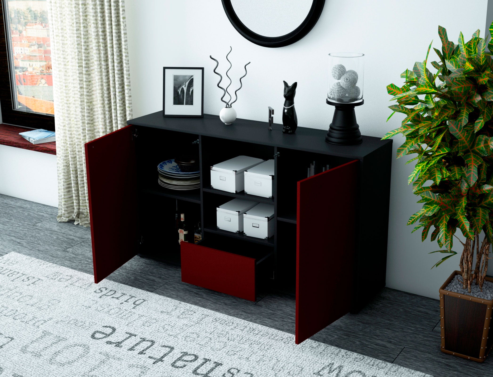 Sideboard - Desideria - Design Farbakzent - Freistehend mit Push to Open 136 cm Anthrazit