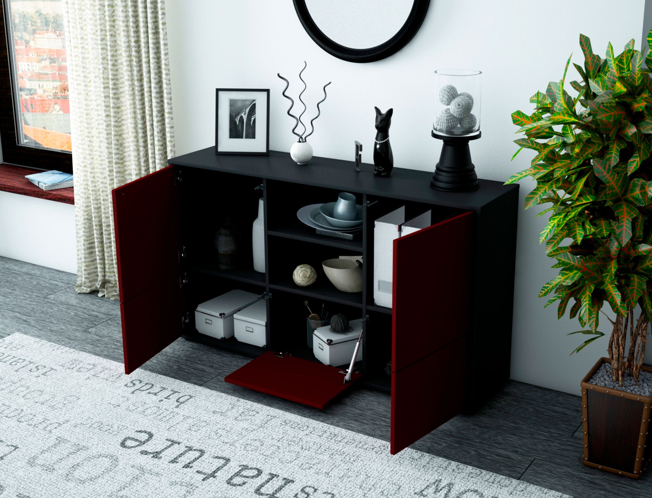 Sideboard - Diellza - Design Farbakzent - Freistehend mit Push to Open 136 cm Anthrazit
