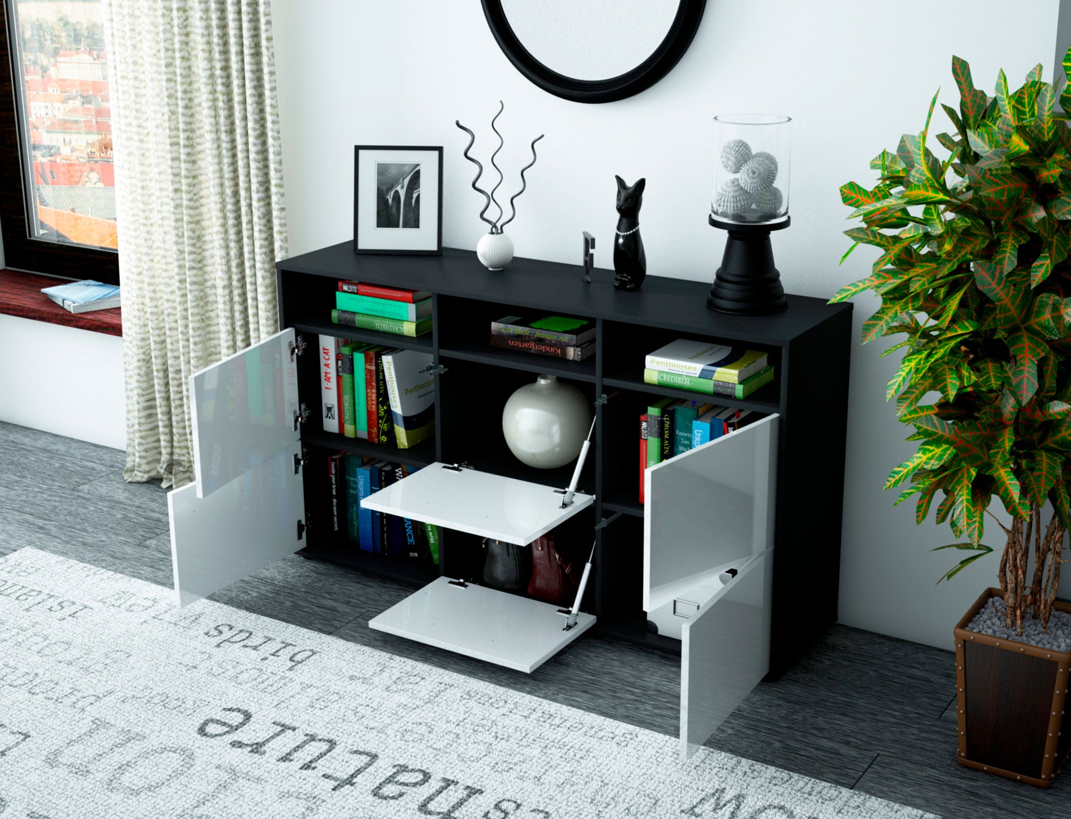 Sideboard - Dilara - Design Hochglanz - Freistehend mit Push to Open 136 cm Anthrazit
