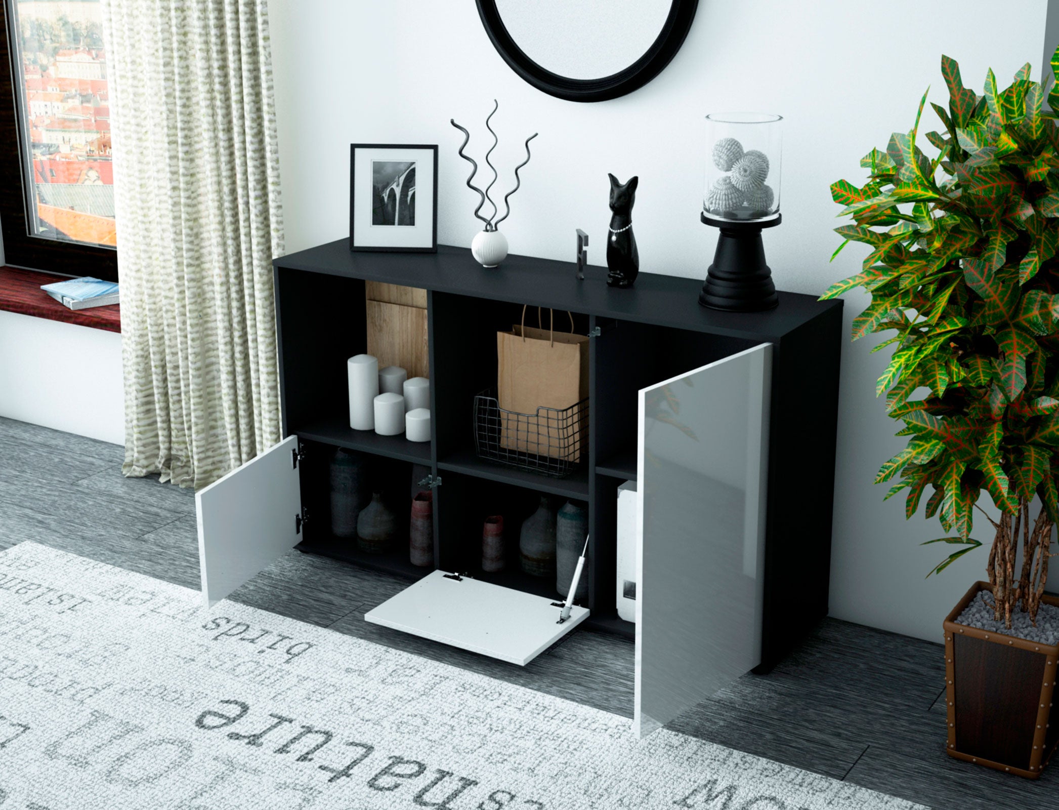 Sideboard - Dolcia - Design Hochglanz - Freistehend mit Push to Open 136 cm Anthrazit