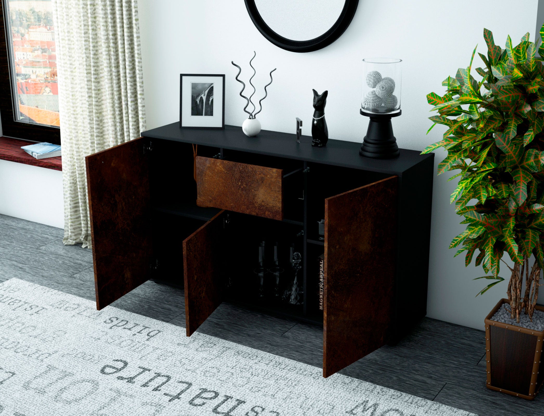 Sideboard - Dorina - Design Industrie Stil - Freistehend mit Push to Open 136 cm Anthrazit