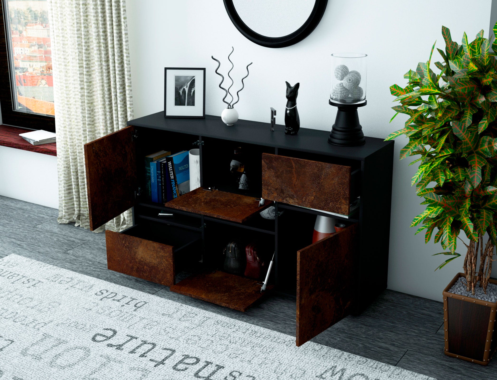 Sideboard - Egizia - Design Industrie Stil - Freistehend mit Push to Open 136 cm Anthrazit