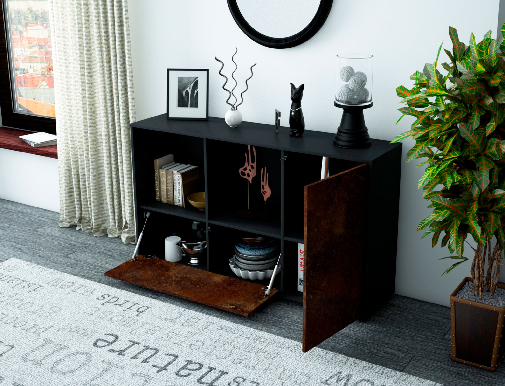 Sideboard - Ela - Design Industrie Stil - Freistehend mit Push to Open 136 cm Anthrazit