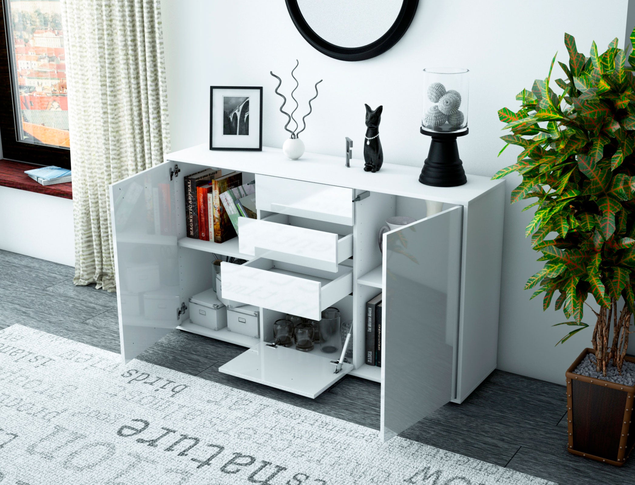 Sideboard - Donatella - Design Hochglanz - Freistehend mit Push to Open 136 cm Weiss