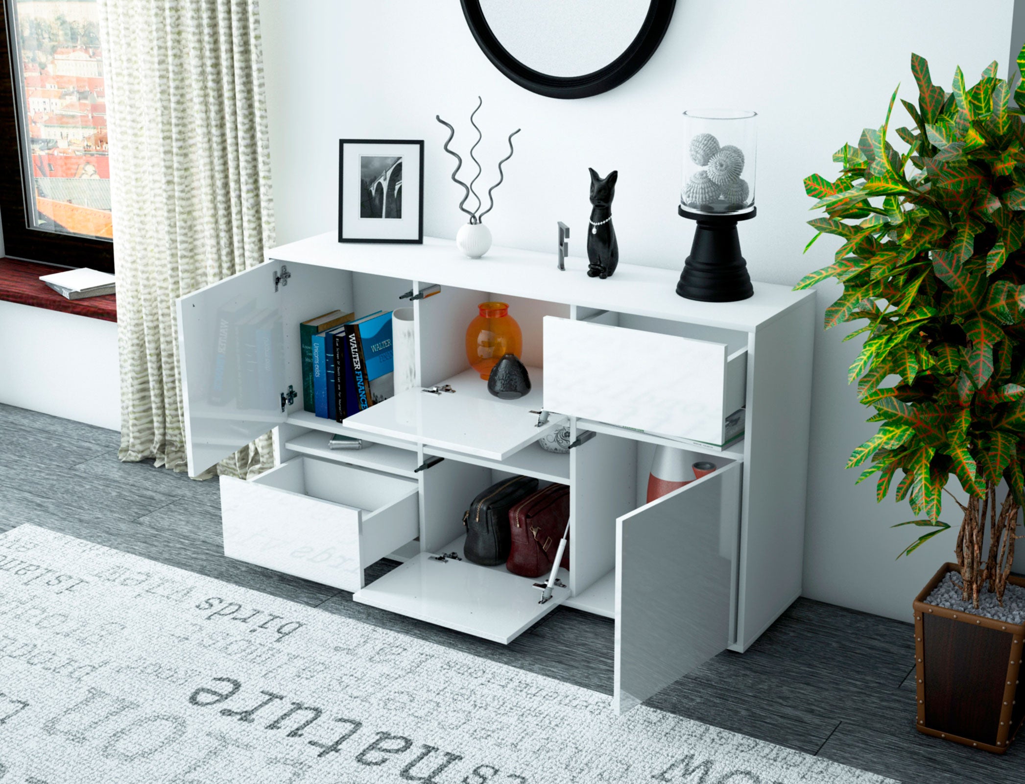 Sideboard - Egizia - Design Hochglanz - Freistehend mit Push to Open 136 cm Weiss