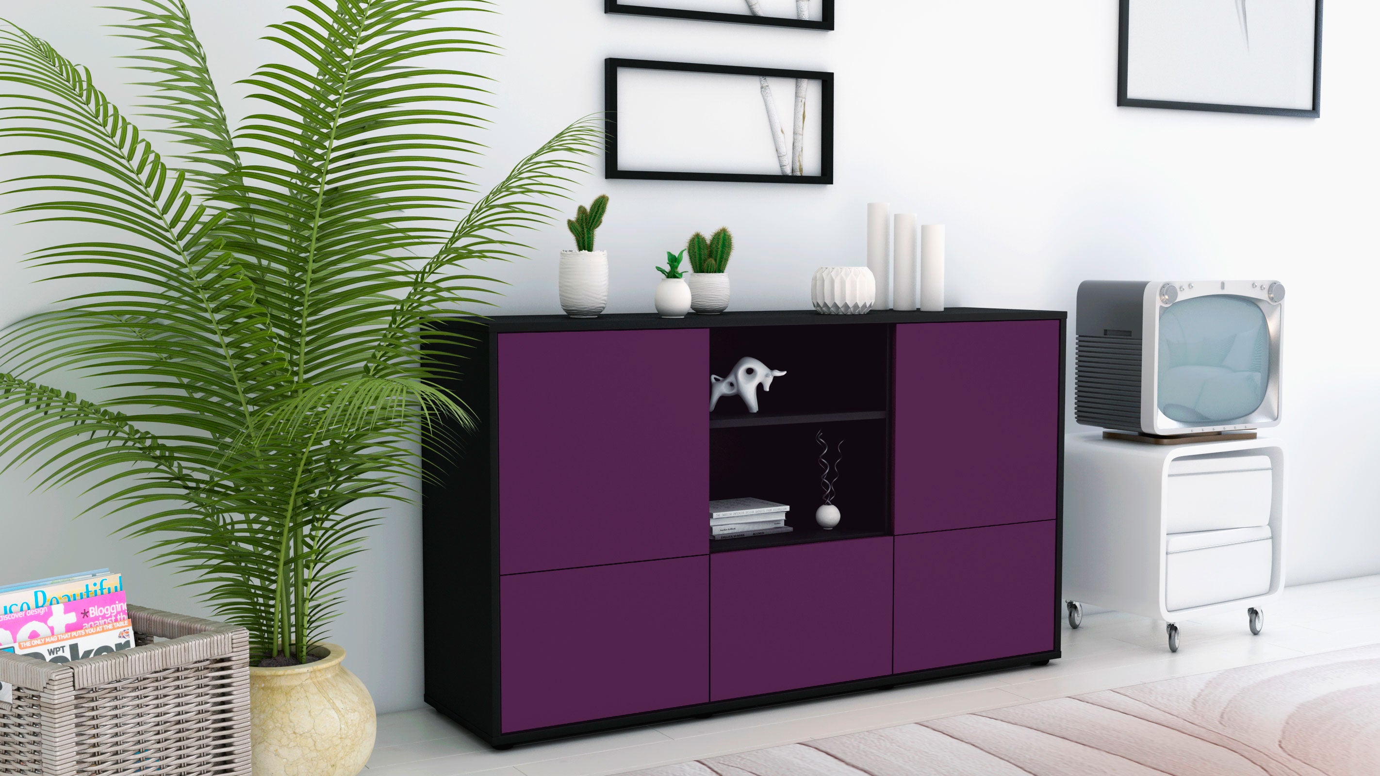 Sideboard - Diellza - Design Farbakzent - Freistehend mit Push to Open 136 cm Anthrazit