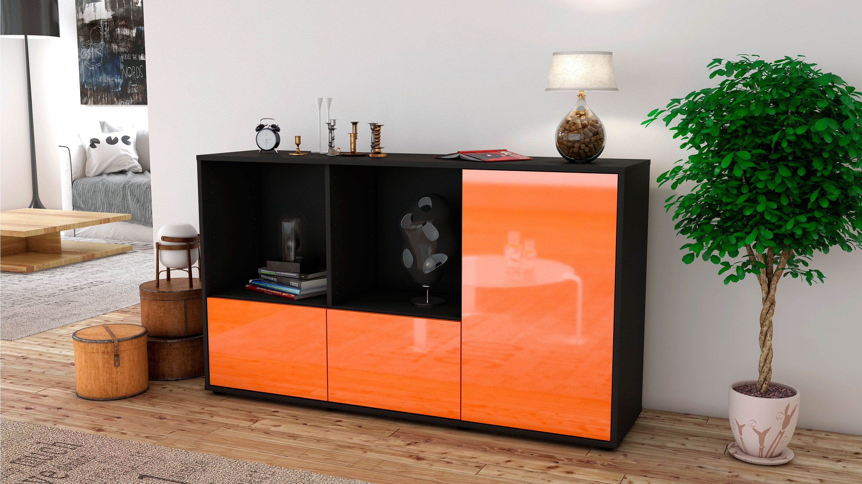 Sideboard - Dolcia - Design Hochglanz - Freistehend mit Push to Open 136 cm Anthrazit