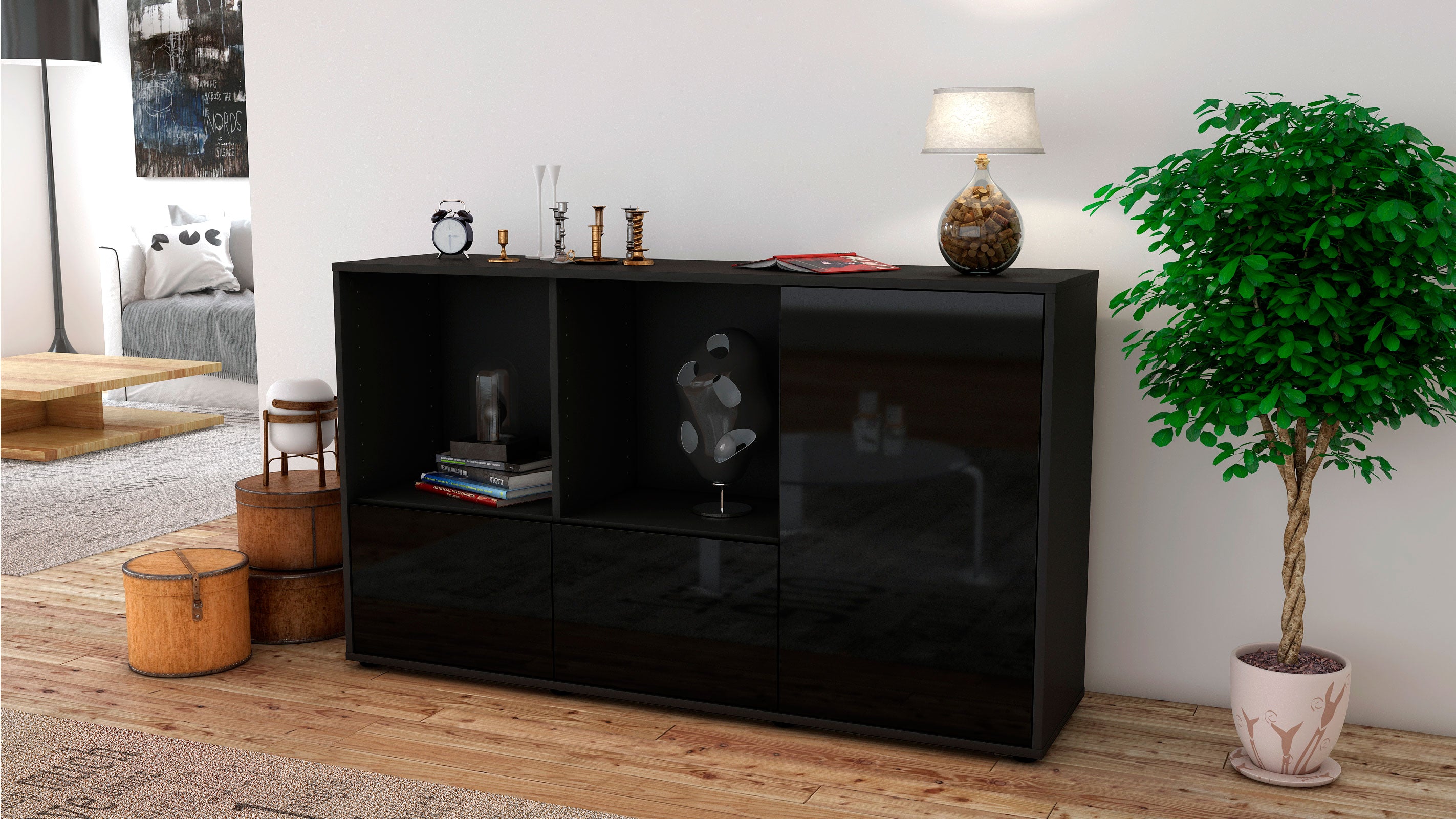 Sideboard - Dolcia - Design Hochglanz - Freistehend mit Push to Open 136 cm Anthrazit