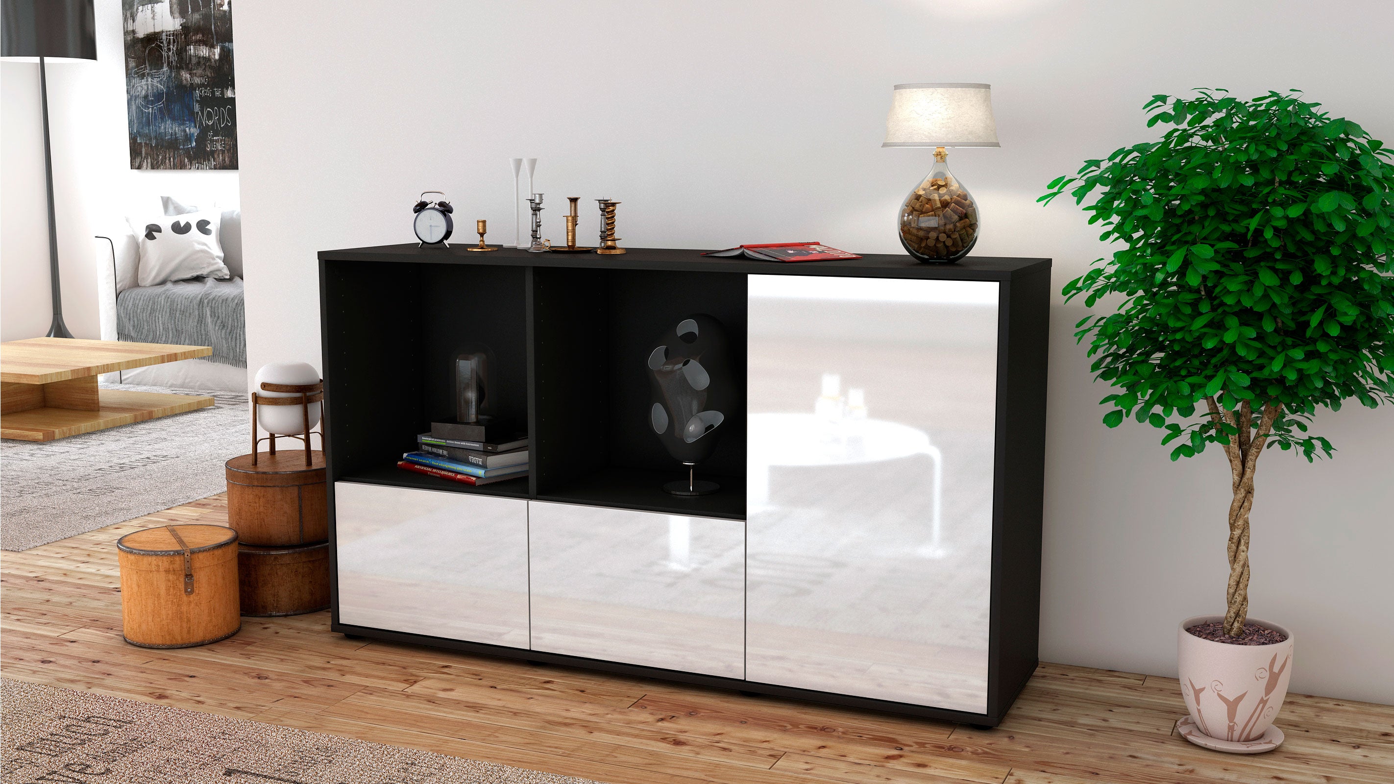 Sideboard - Dolcia - Design Hochglanz - Freistehend mit Push to Open 136 cm Anthrazit