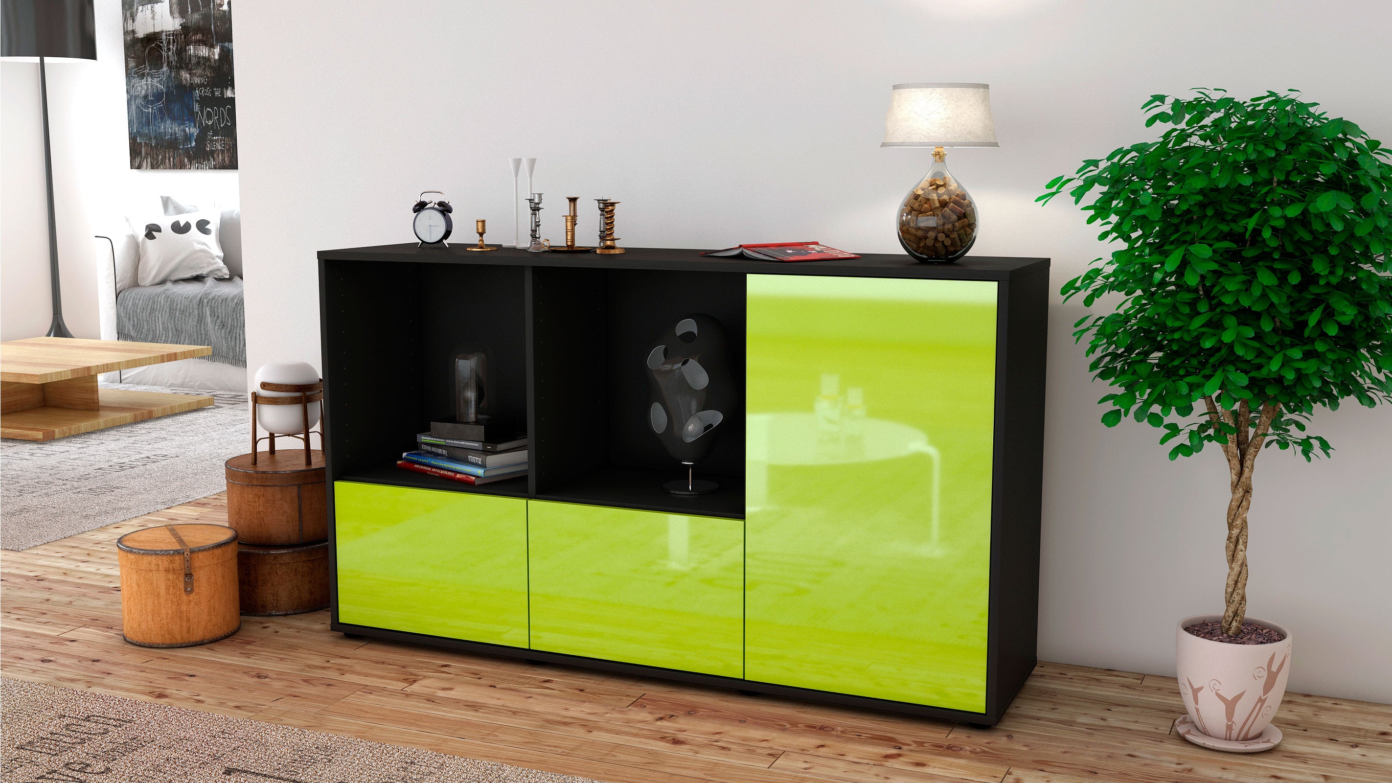 Sideboard - Dolcia - Design Hochglanz - Freistehend mit Push to Open 136 cm Anthrazit