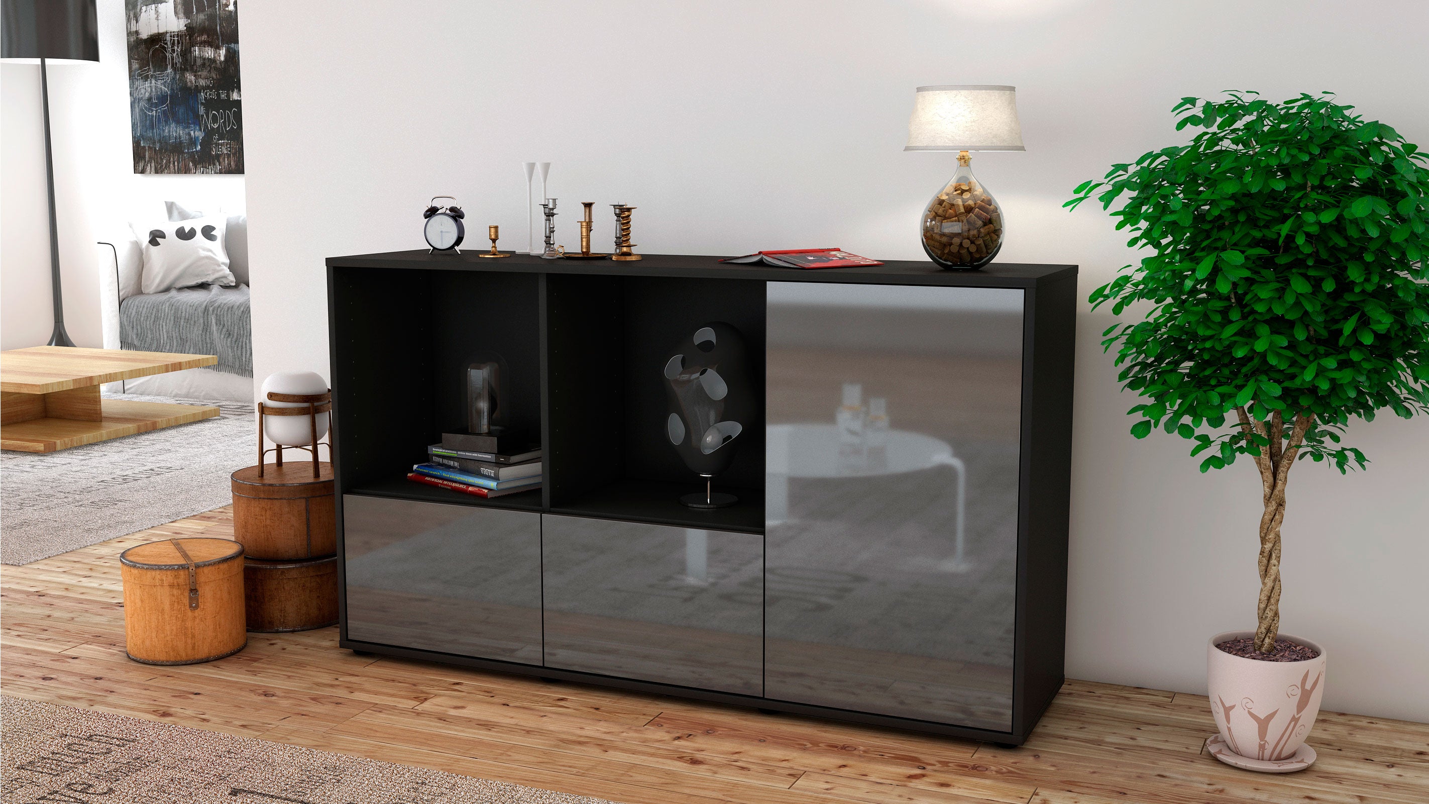 Sideboard - Dolcia - Design Hochglanz - Freistehend mit Push to Open 136 cm Anthrazit
