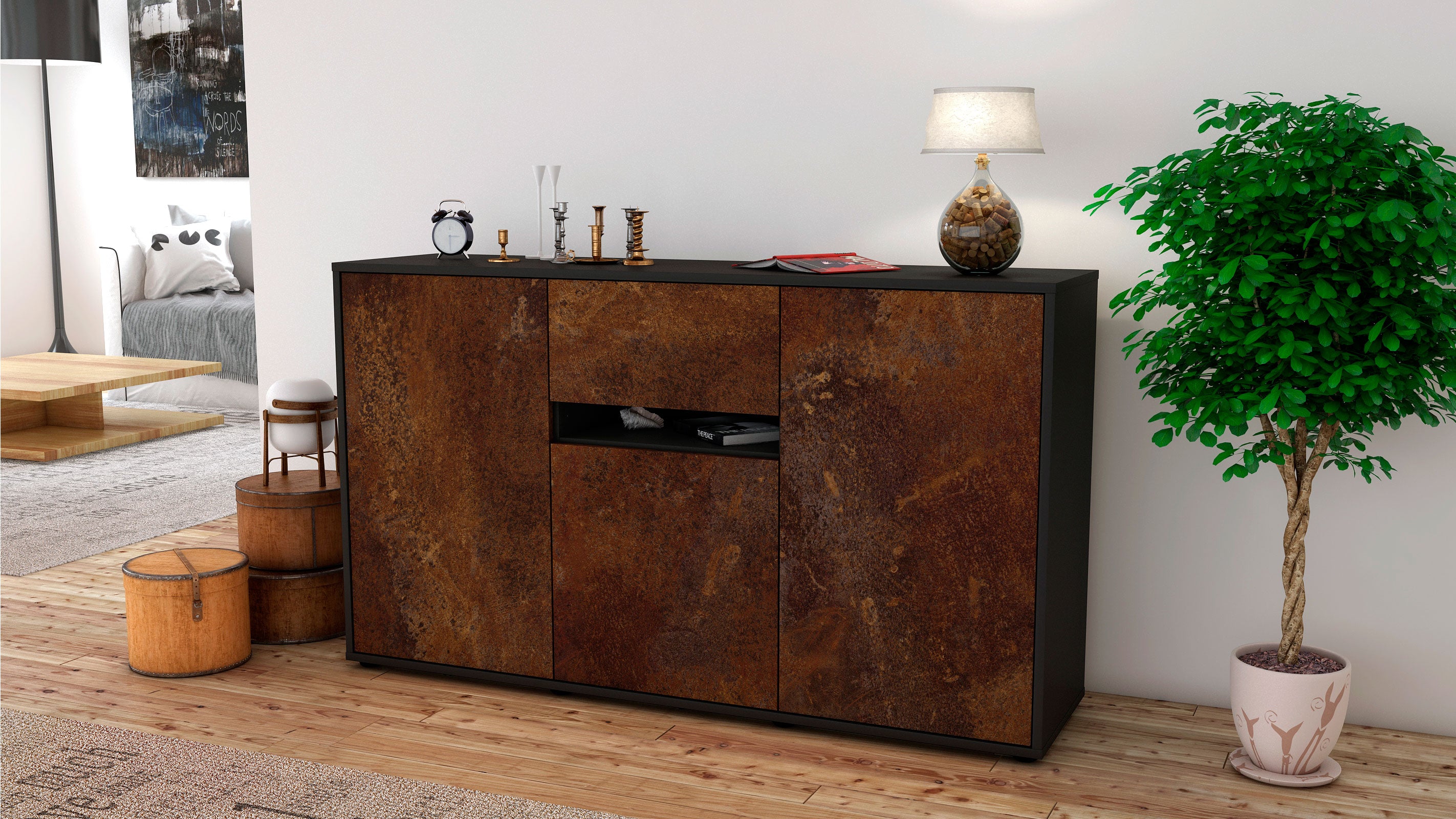 Sideboard - Dorina - Design Industrie Stil - Freistehend mit Push to Open 136 cm Anthrazit