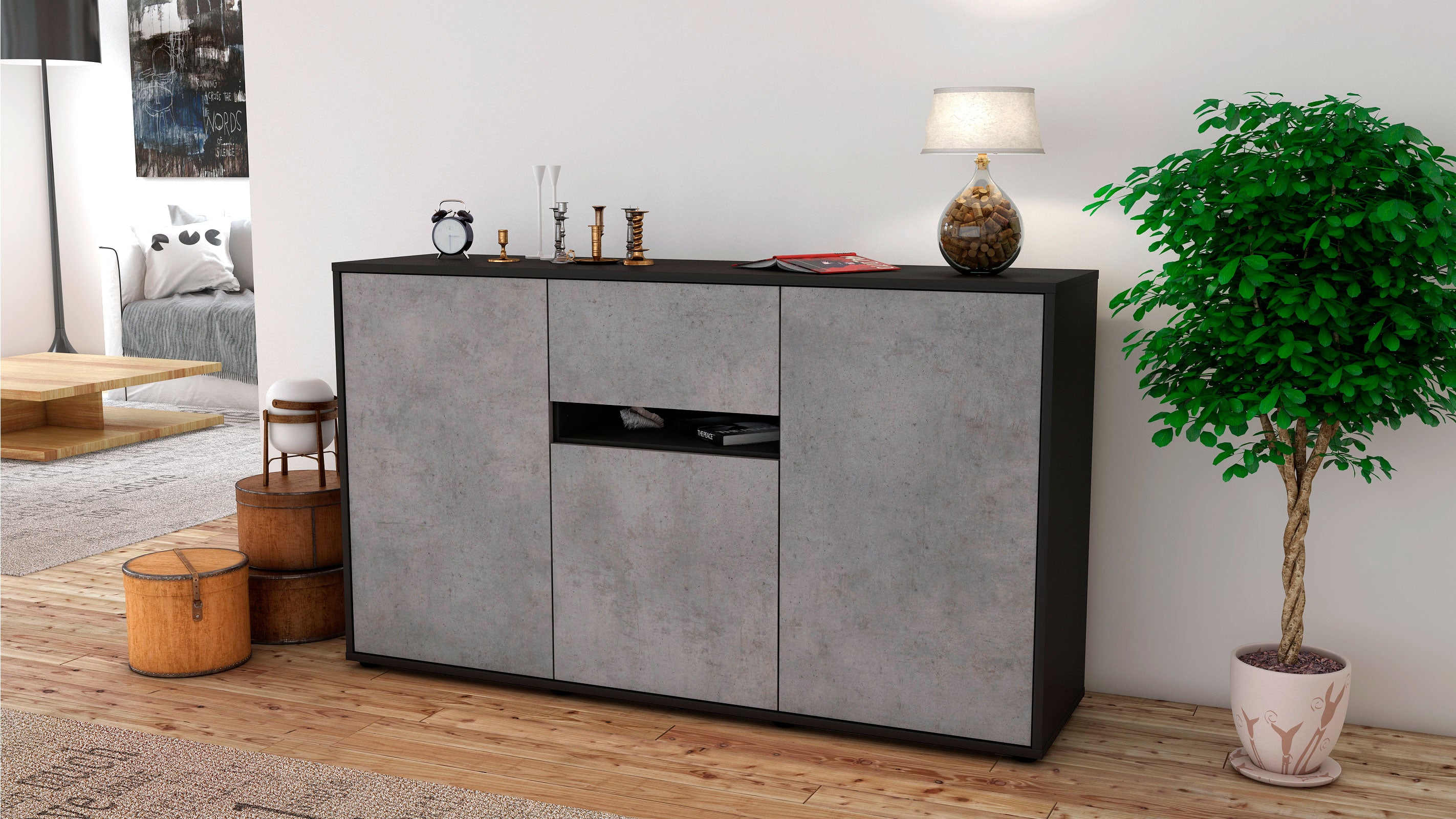 Sideboard - Dorina - Design Industrie Stil - Freistehend mit Push to Open 136 cm Anthrazit